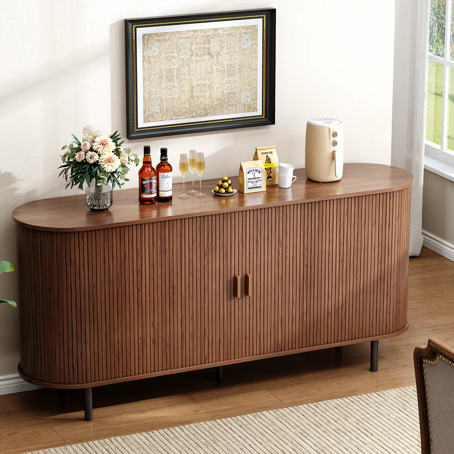 Outstanding 63 Inch Buffet Sideboard Cabinet Coffee Bar Cabinet with Storage Fluted Sliding Doors Adjustable Shelves63 Inch Buffet Sideboard Cabinet Coffee Bar Cabinet with Storage Fluted Sliding Doors Adjustable Shelves Refined