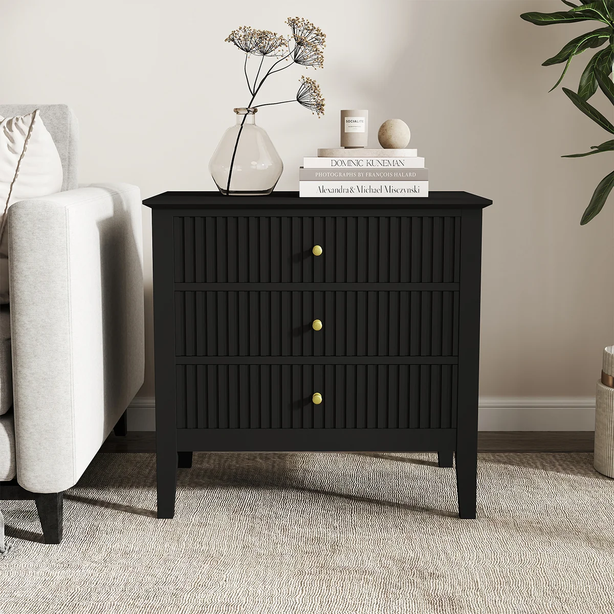 Contemporary Large 3 Drawer Bedside Table - Hales Black Range Premium