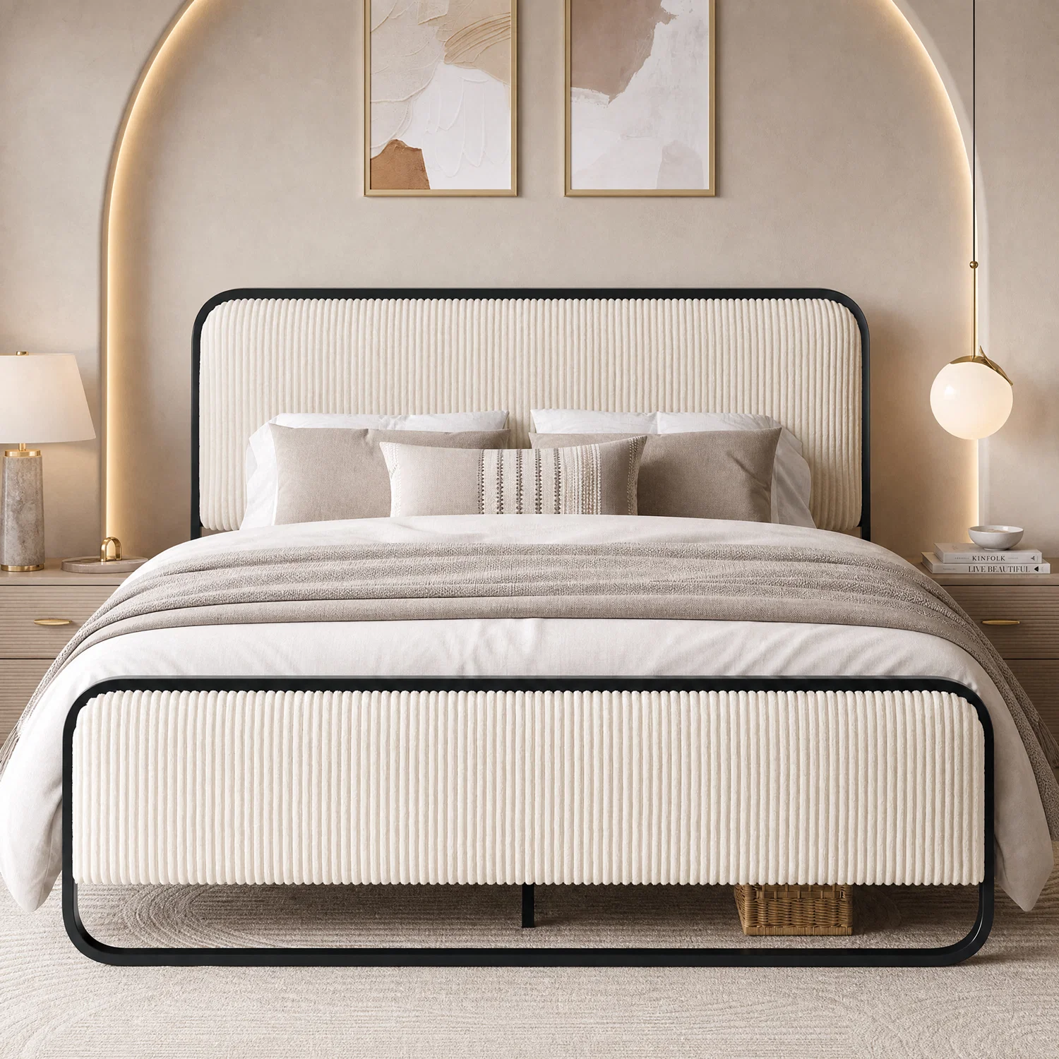 Verified Metal Platform Bed Frame with Curved Corduroy Upholstered Headboard Footboard Boho Bed Frame with 12.4 Under Bed StorageMetal Platform Bed Frame with Curved Corduroy Upholstered Headboard Footboard Boho Bed Frame with 12.4 Under Bed Storage User-Friendly