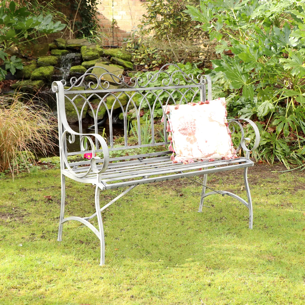 Unique Ornate Distressed Grey Metal Garden Bench 98cm x 114cm Organic