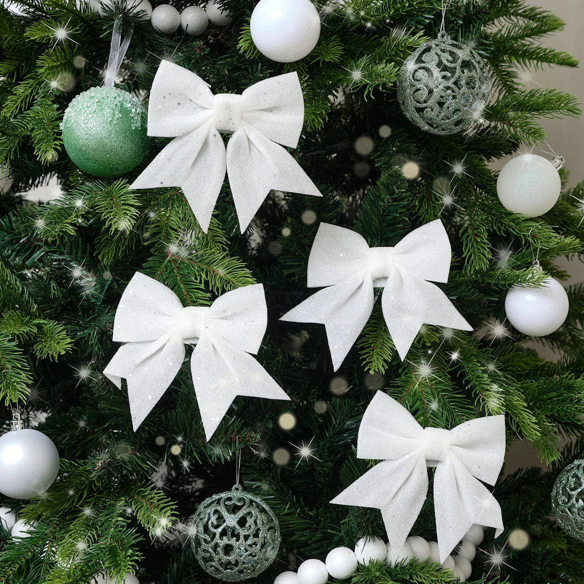 Exceptional Set of 4 White Glitter Christmas Bows Dependable