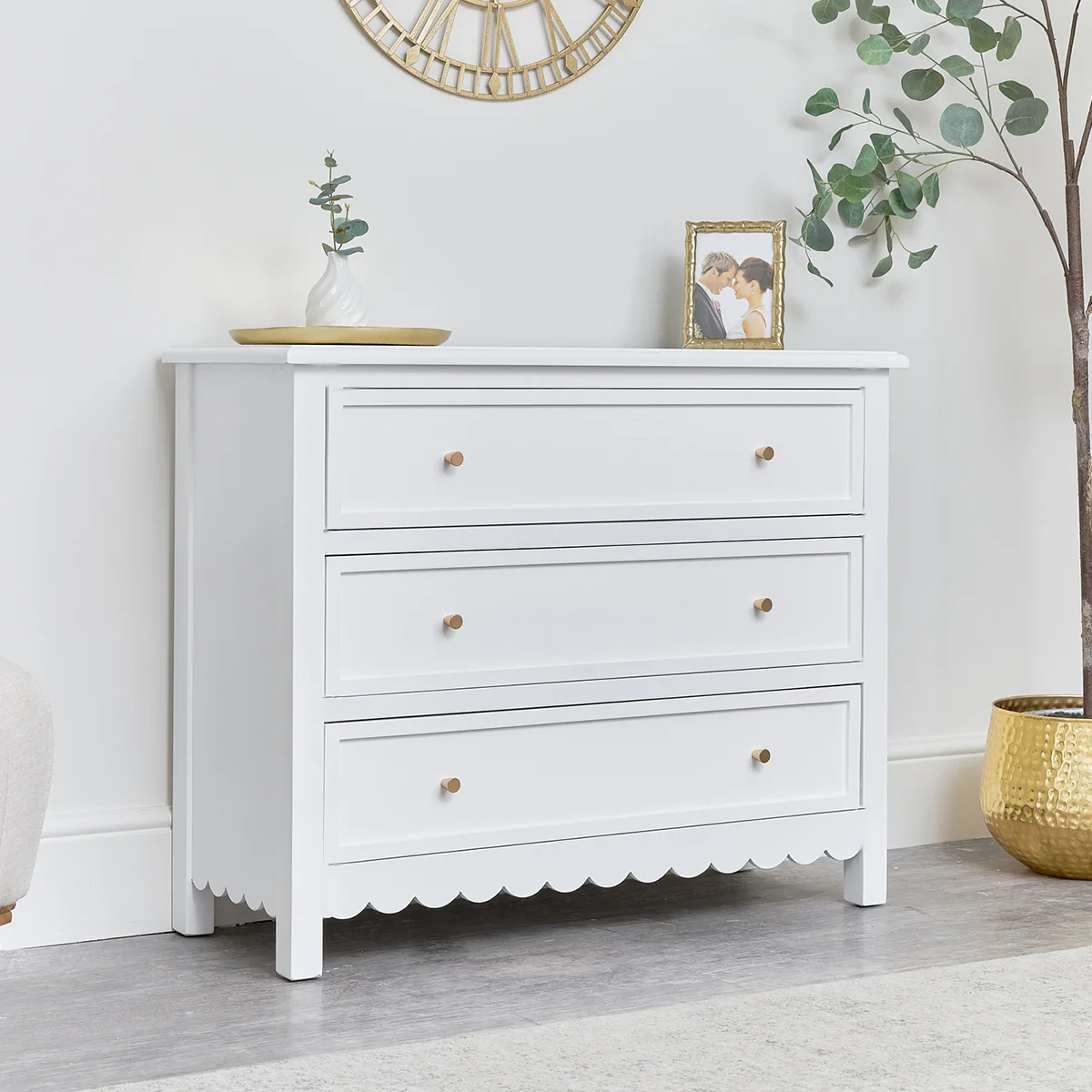 Lightweight Large Scalloped 3 Drawer Chest of Drawers - Staunton White Range Genuine