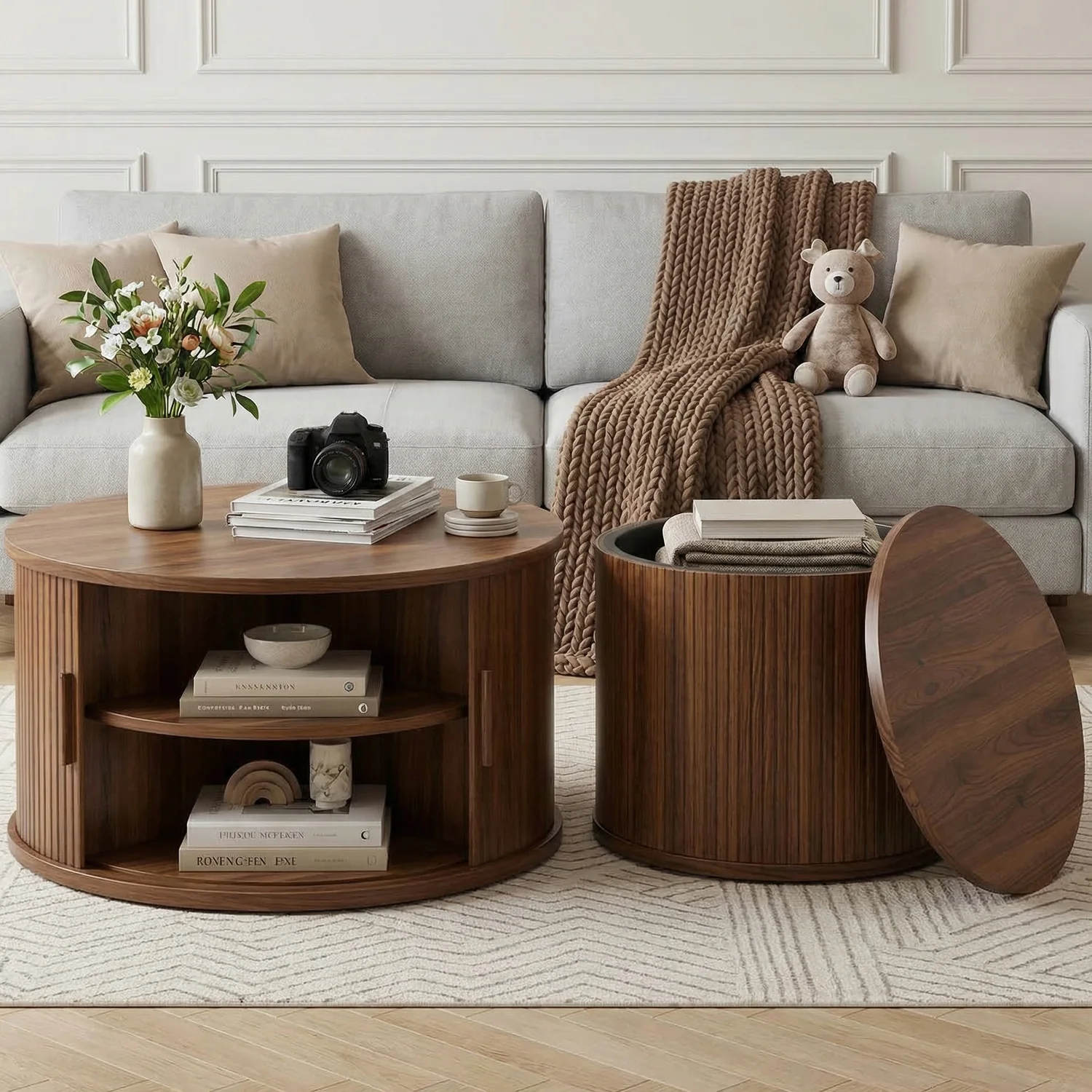 Reliable Round Coffee Table Set of 2 with Storage Fluted Coffee Table and Side Table with Sliding Tambour DoorRound Coffee Table Set of 2 with Storage Fluted Coffee Table and Side Table with Sliding Tambour Door First-Class