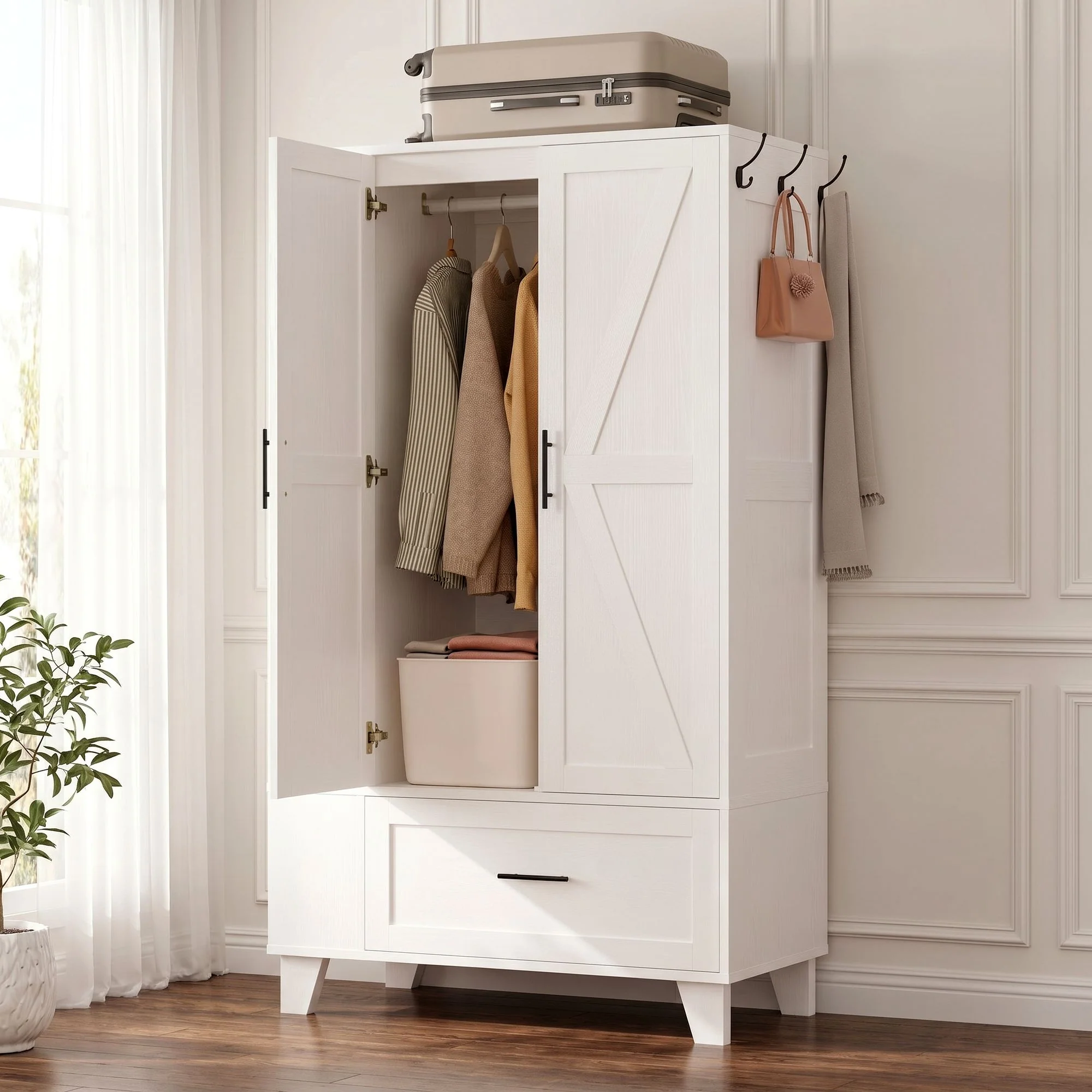 Optimized 67 Armoire Wardrobe Closet with Mirror Drawer Wooden Storage Cabinet with Side Shelves and Hooks67 Armoire Wardrobe Closet with Mirror Drawer Wooden Storage Cabinet with Side Shelves and Hooks High-Performance