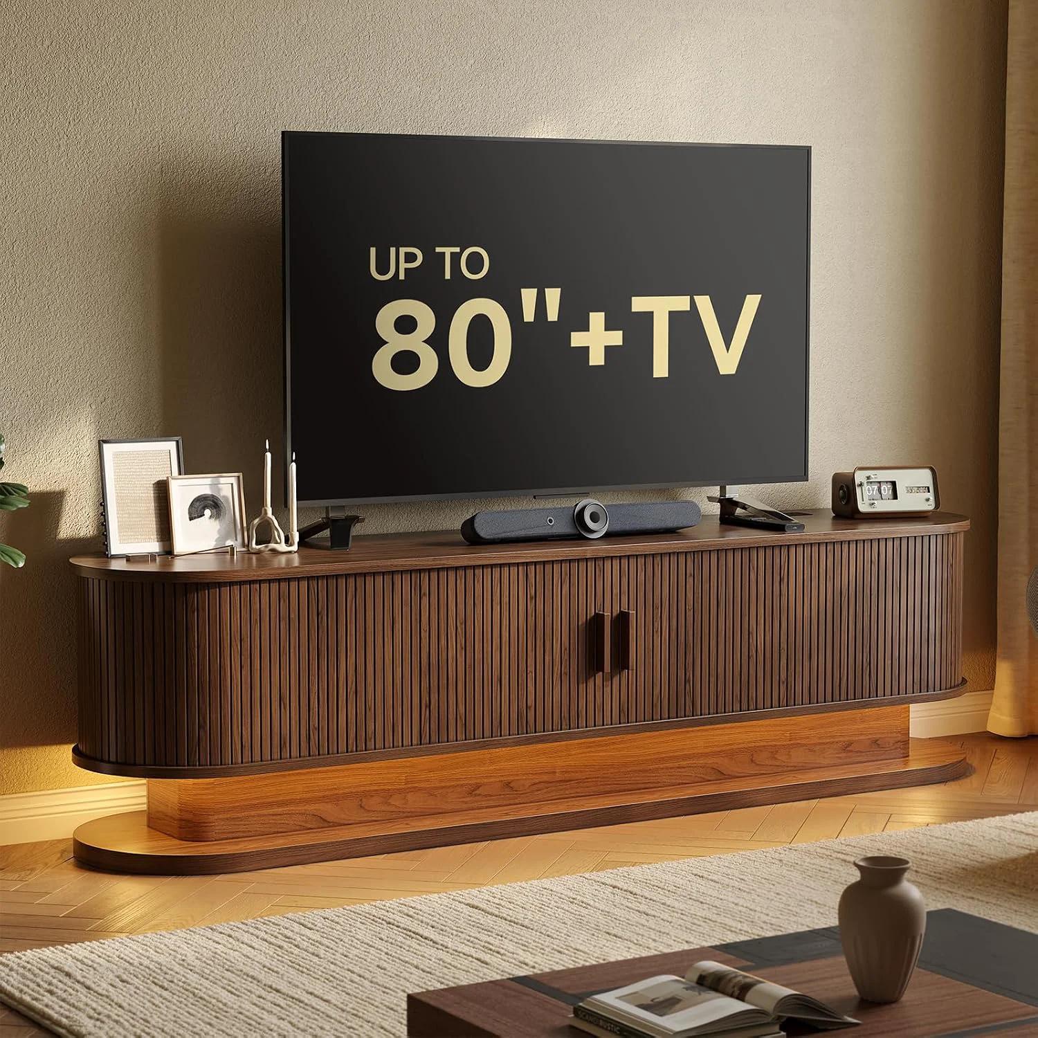 Elegant 70 Fluted TV Stand for 80 Inch TV Entertainment Center with Power Outlet LED Lights70 Fluted TV Stand for 80 Inch TV Entertainment Center with Power Outlet LED Lights Secure
