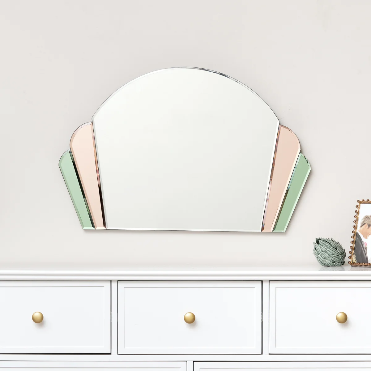 Fine Pink Green Glass Art Deco Arch Fan Wall Mirror 71cm x 46cm Original
