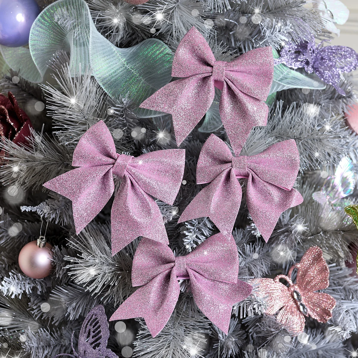 Premium Material Set of 4 Pink Glitter Bows - Christmas Tree Decoration Prestigious