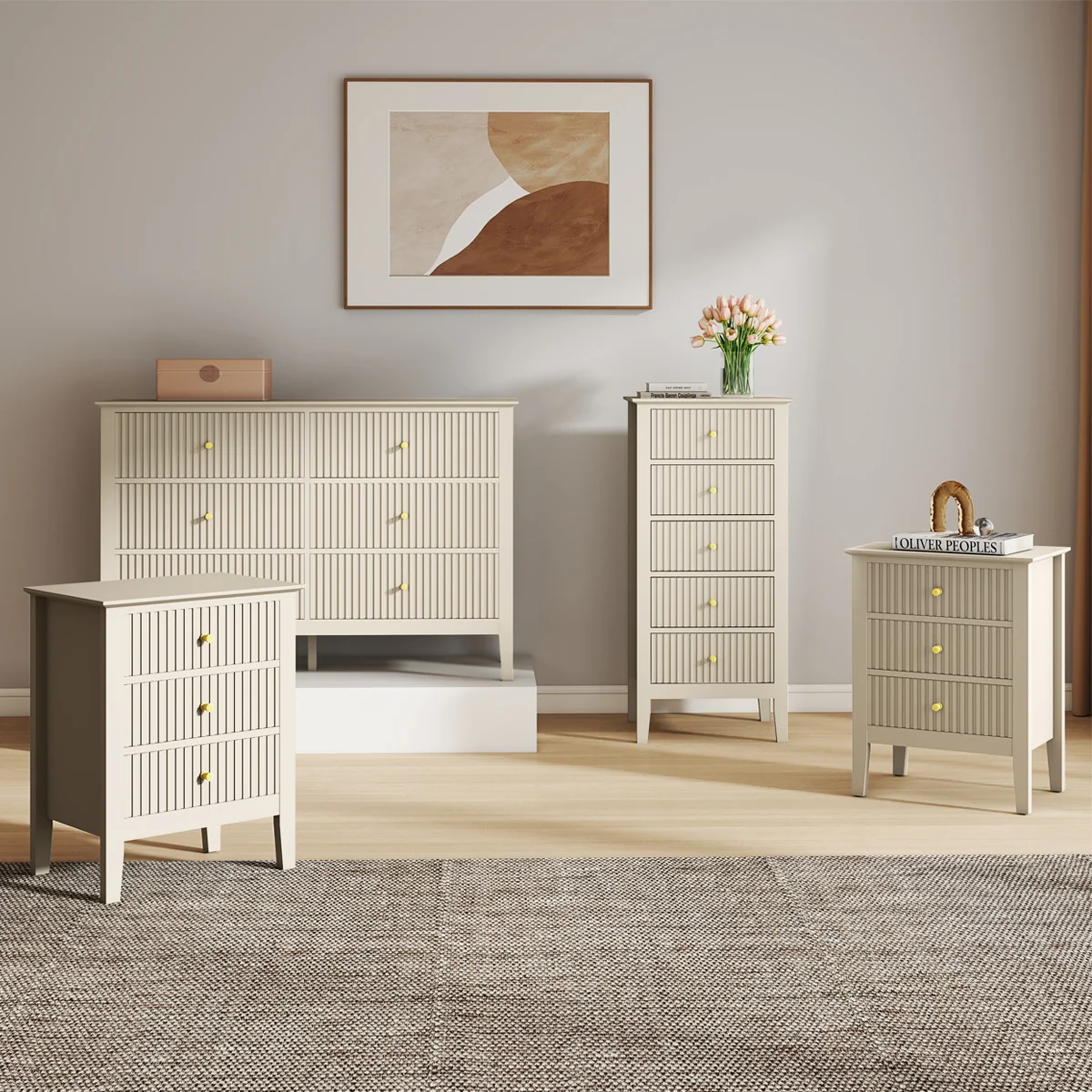 Breathable 6 Drawer Chest of Drawers Tall 5 Drawer Bedside Table and Pair of 3 Drawer Bedside Tables - Hales Taupe Range Eco-Friendly