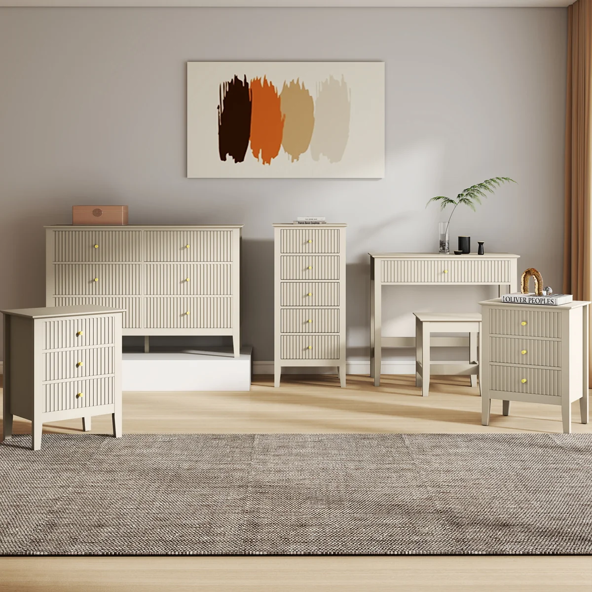 Green 6 Drawer Chest of Drawers Tall 5 Drawer Bedside Table Pair of 3 Drawer Bedside Tables and Dressing Table Set - Hales Taupe Range Powerful