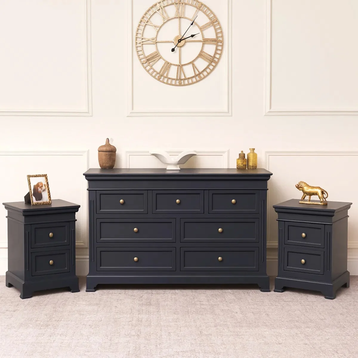 Consistent Large 7 Drawer Chest of Drawers Pair of Bedside Tables - Daventry Navy Black Range Reusable
