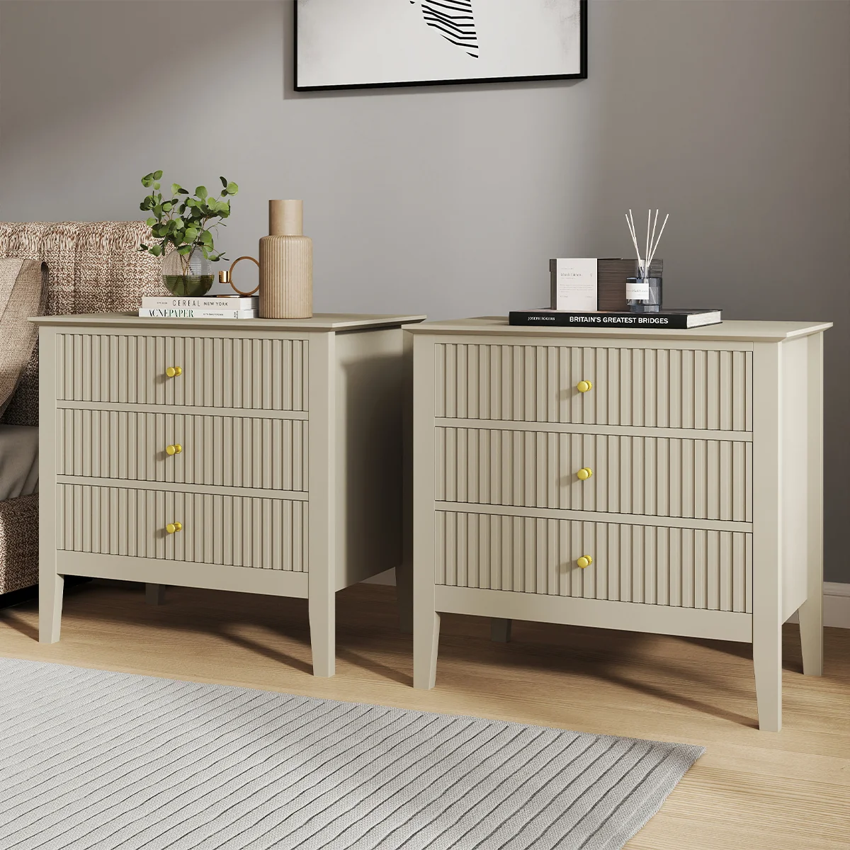 Lightweight Pair Of Large 3 Drawer Bedside Tables - Hales Taupe Range Flexible