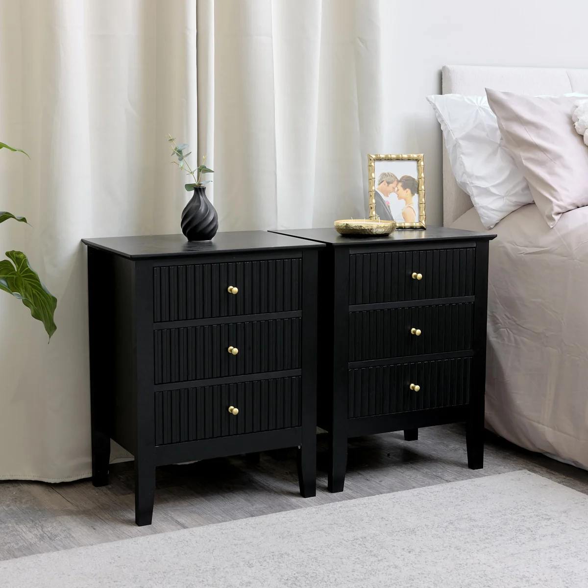 Expertly Made Pair of 3 Drawer Bedside Tables - Hales Black Range Carefully Designed