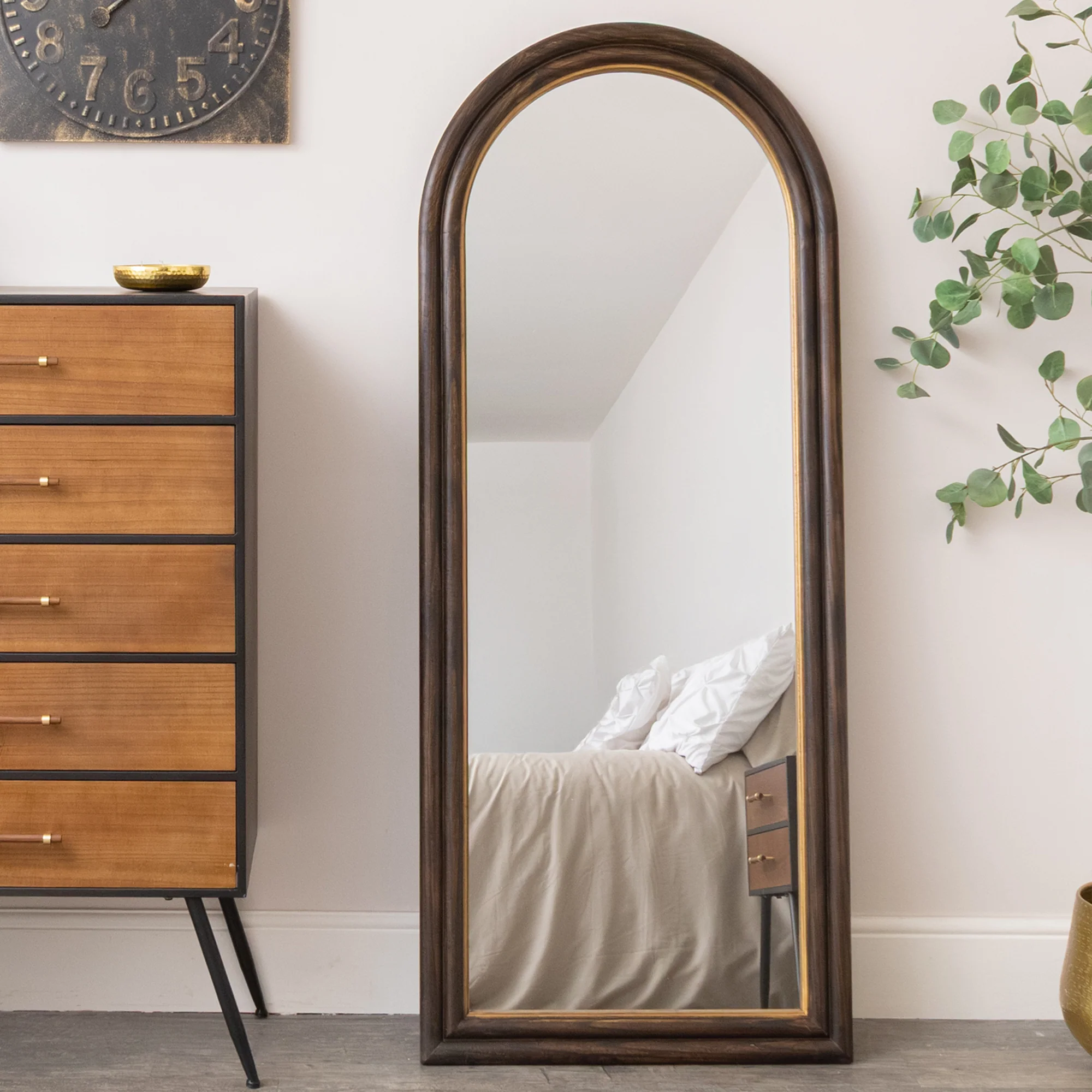 Sophisticated Large Dark Arched Wood Gold Framed Wall Leaner Mirror - 166cm x 70cm World-Class