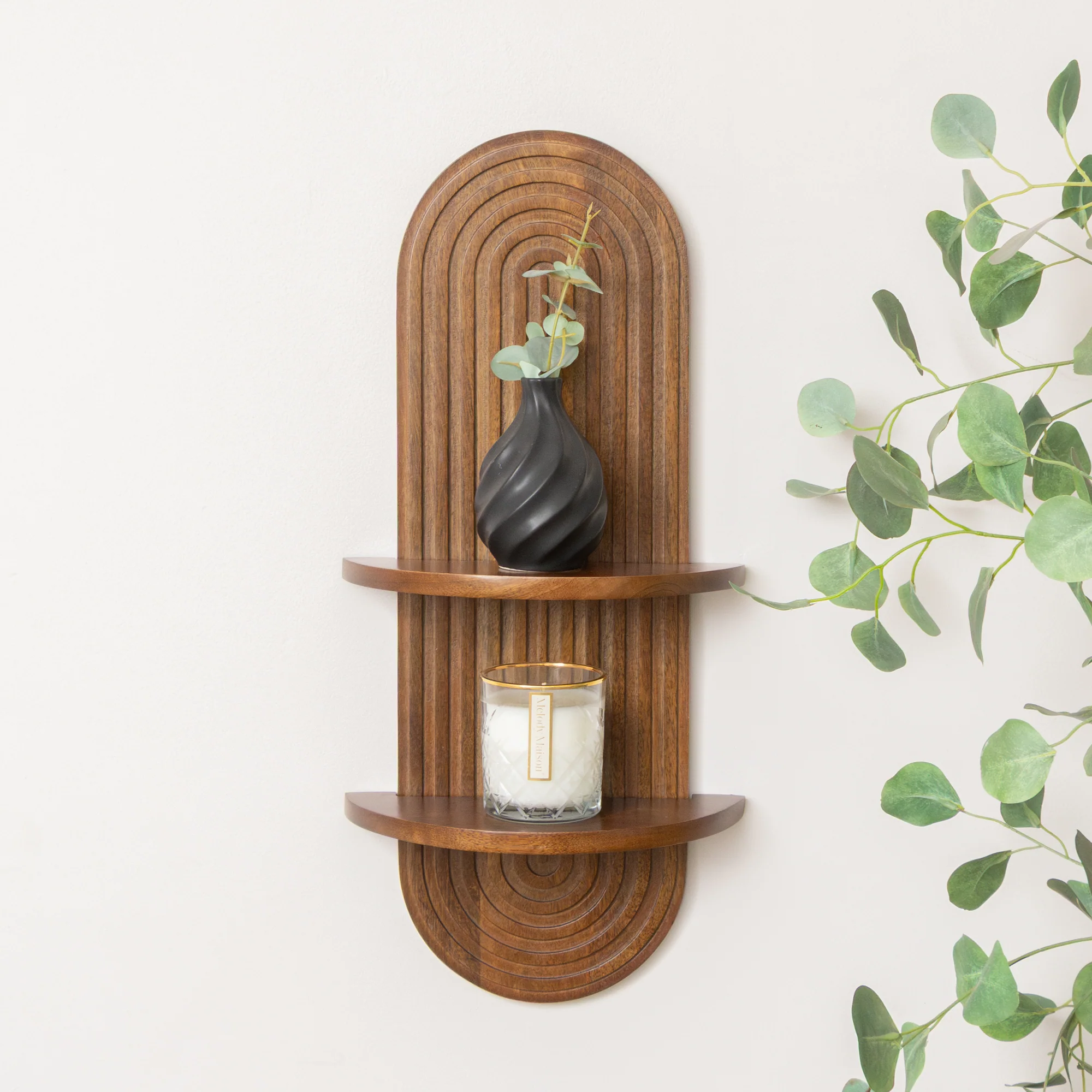 Pure Dark Wood 2 Tier Arched Fluted Wall Shelf - 30cm x 60cm Sophisticated