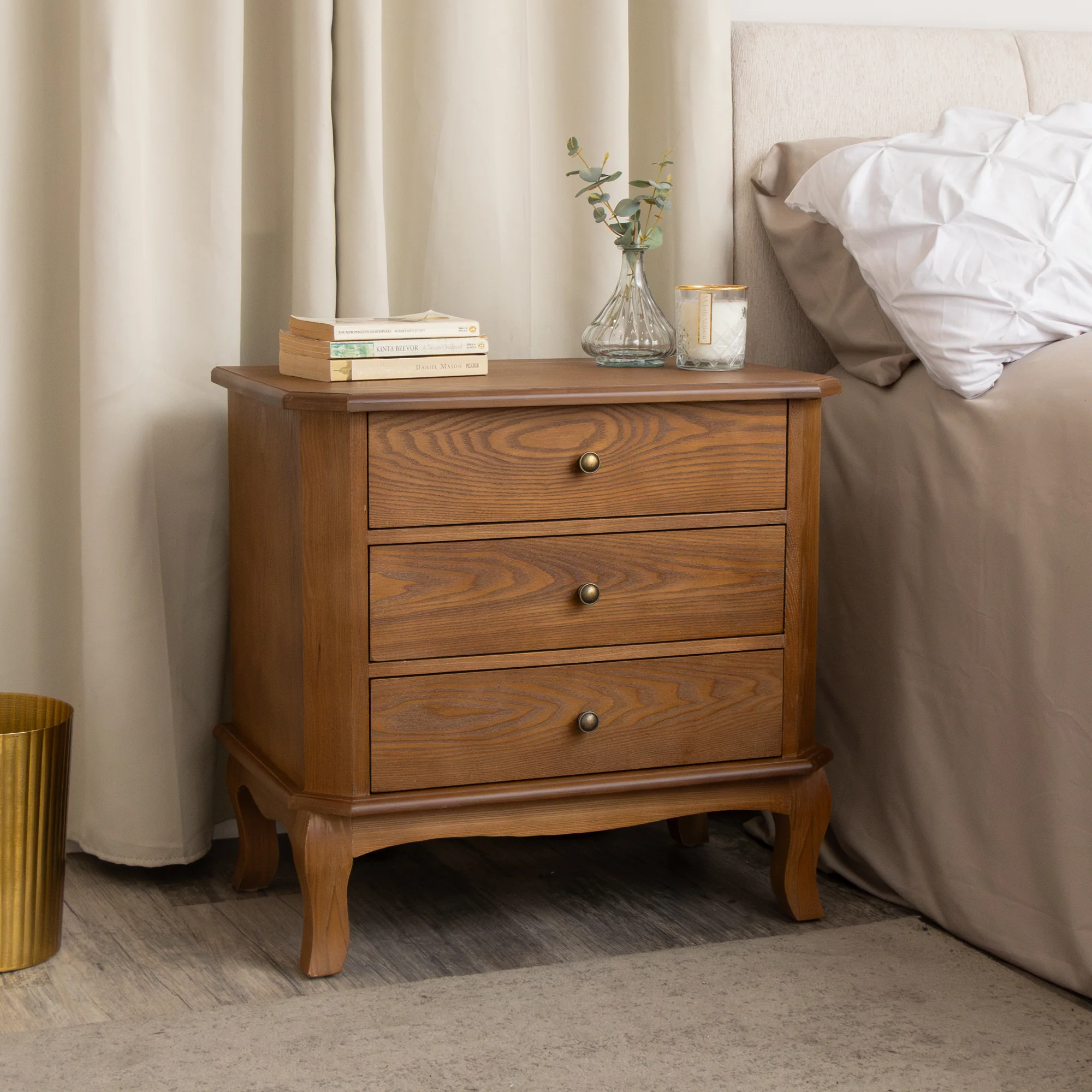 Solid Dark Wood 3 Drawer Extra Wide Bedside Table - Ashwell Range Sustainable