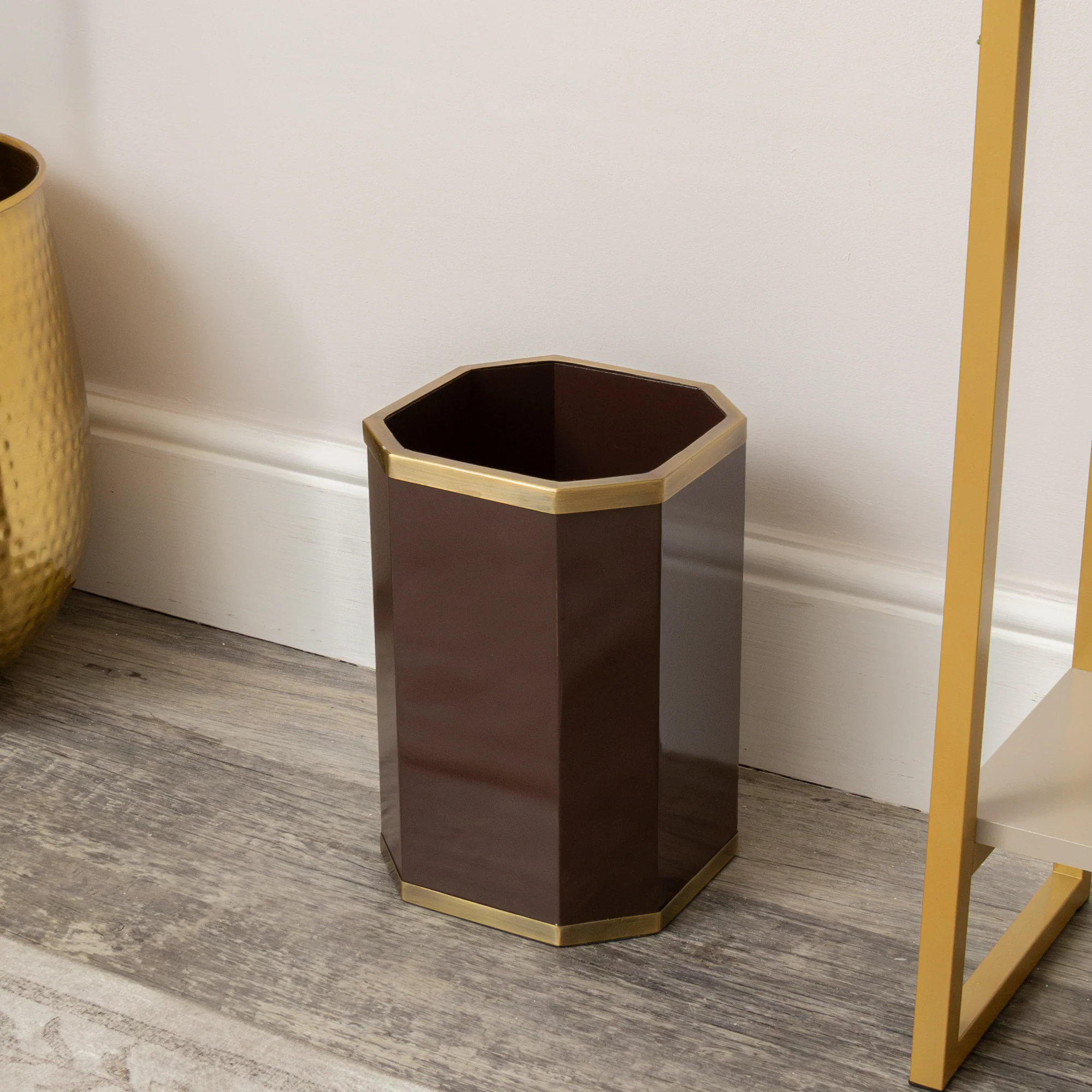 Fast Hexagonal Chocolate Brown Gold Edge Wooden Waste Paper Bin Quality