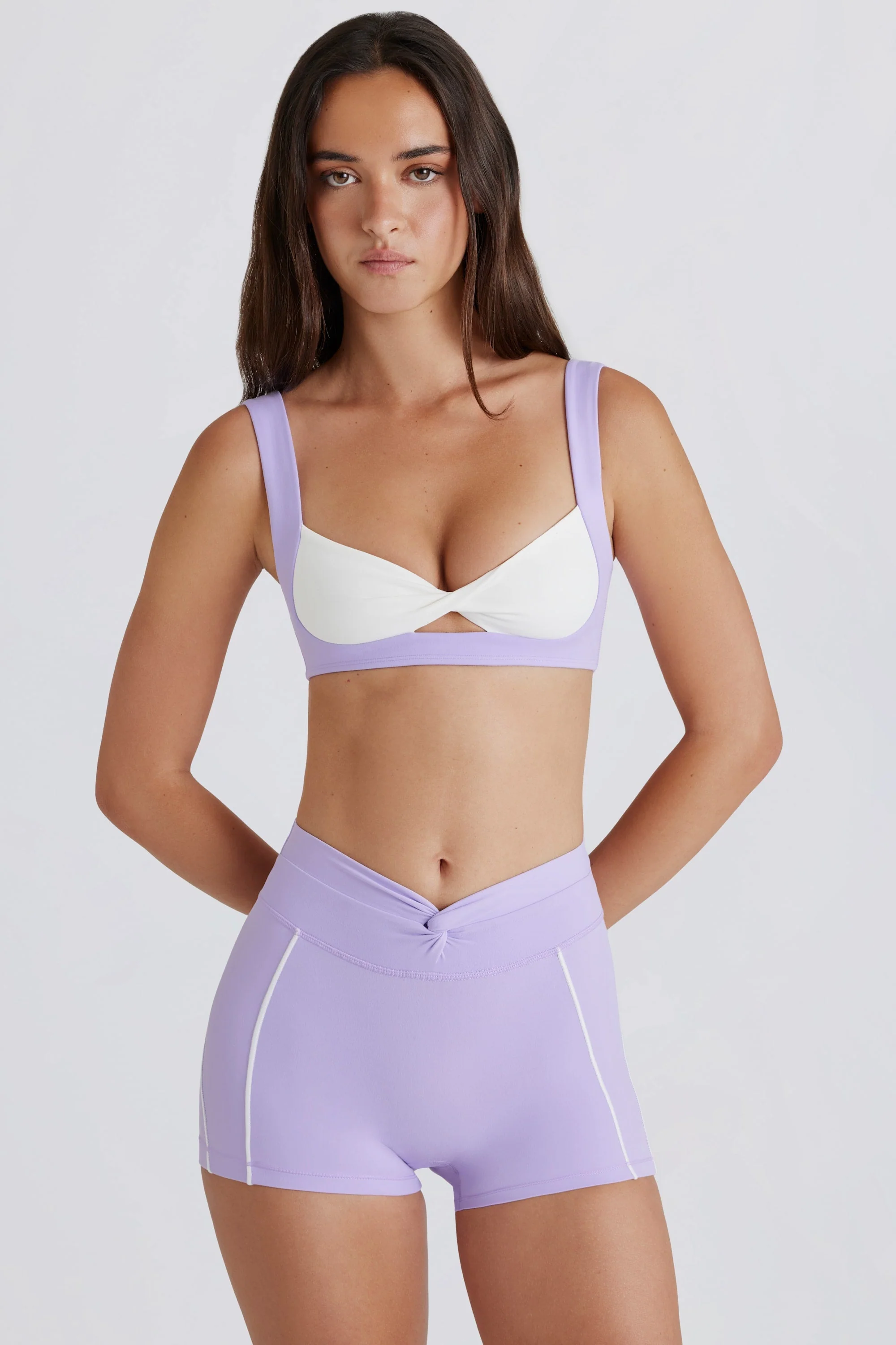 Quality Soft Active Twist-Front Mini Shorts in Lilac Organic