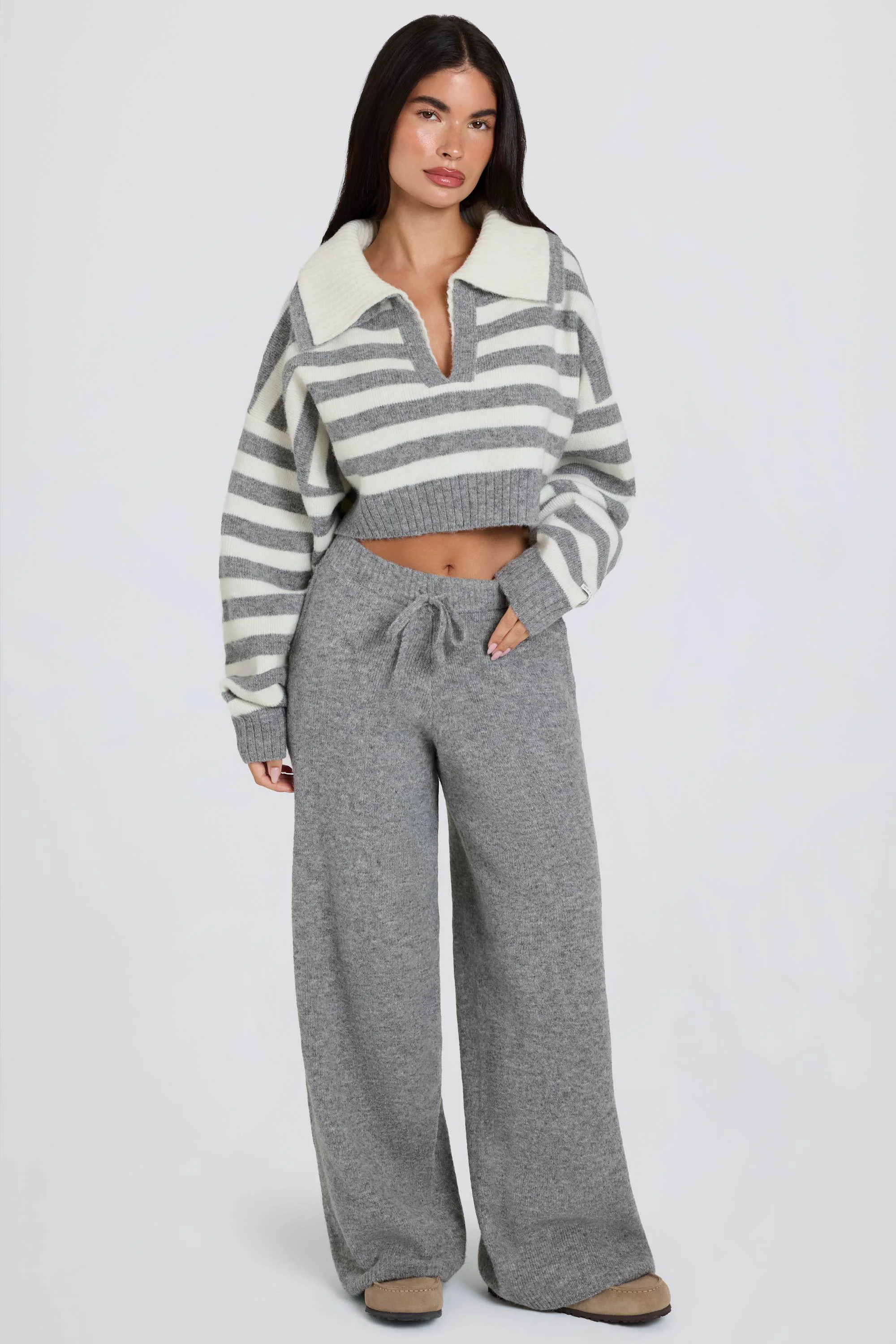 User-Friendly Knit Mid-Rise Wide-Leg Joggers in Grey Stylish