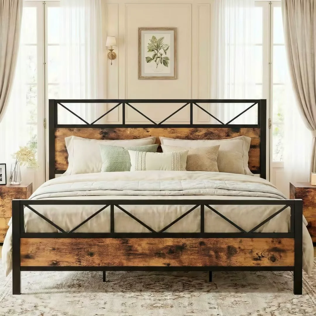 Innovative California King Bed Frame with Tall Industrial Headboard Heavy-Duty Metal Platform Bed with Noise- SupportCalifornia King Bed Frame with Tall Industrial Headboard Heavy-Duty Metal Platform Bed with Noise- Support Organic
