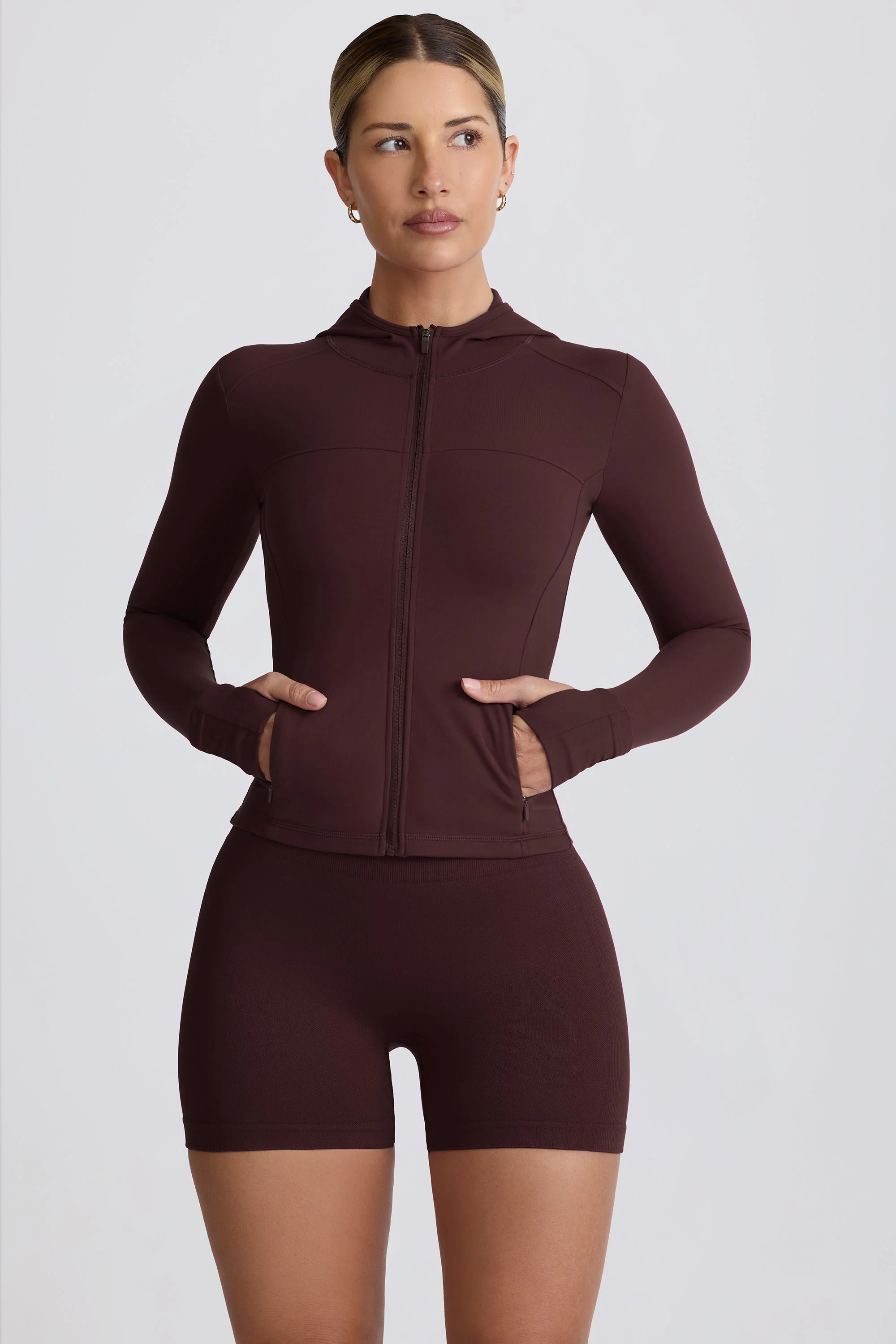 Consistent Soft Active Hooded Mid-Layer Jacket in Chocolate Dependable