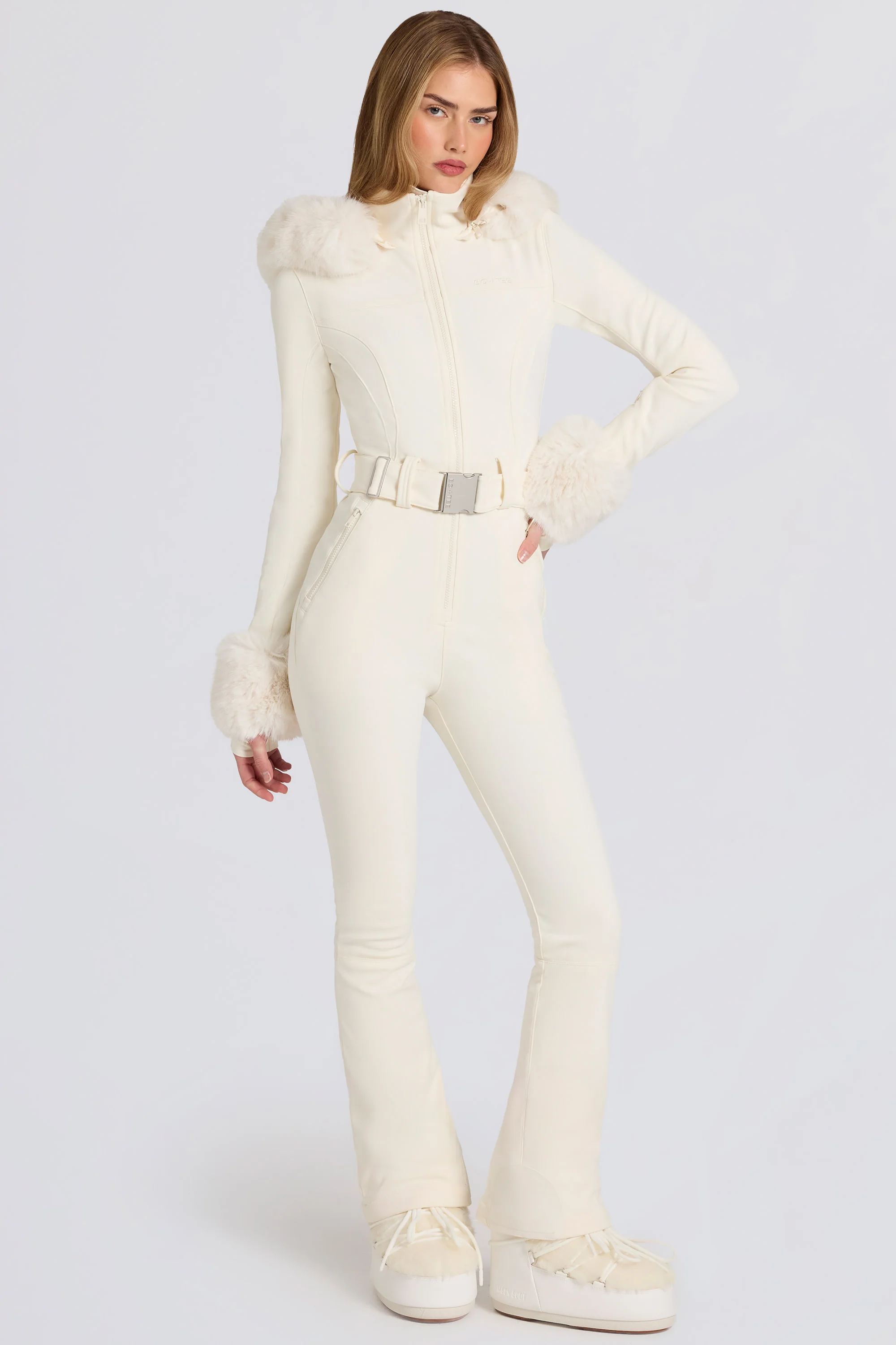 Authentic Waterproof Faux-Fur Hood Fitted Ski Suit in Ice Effective
