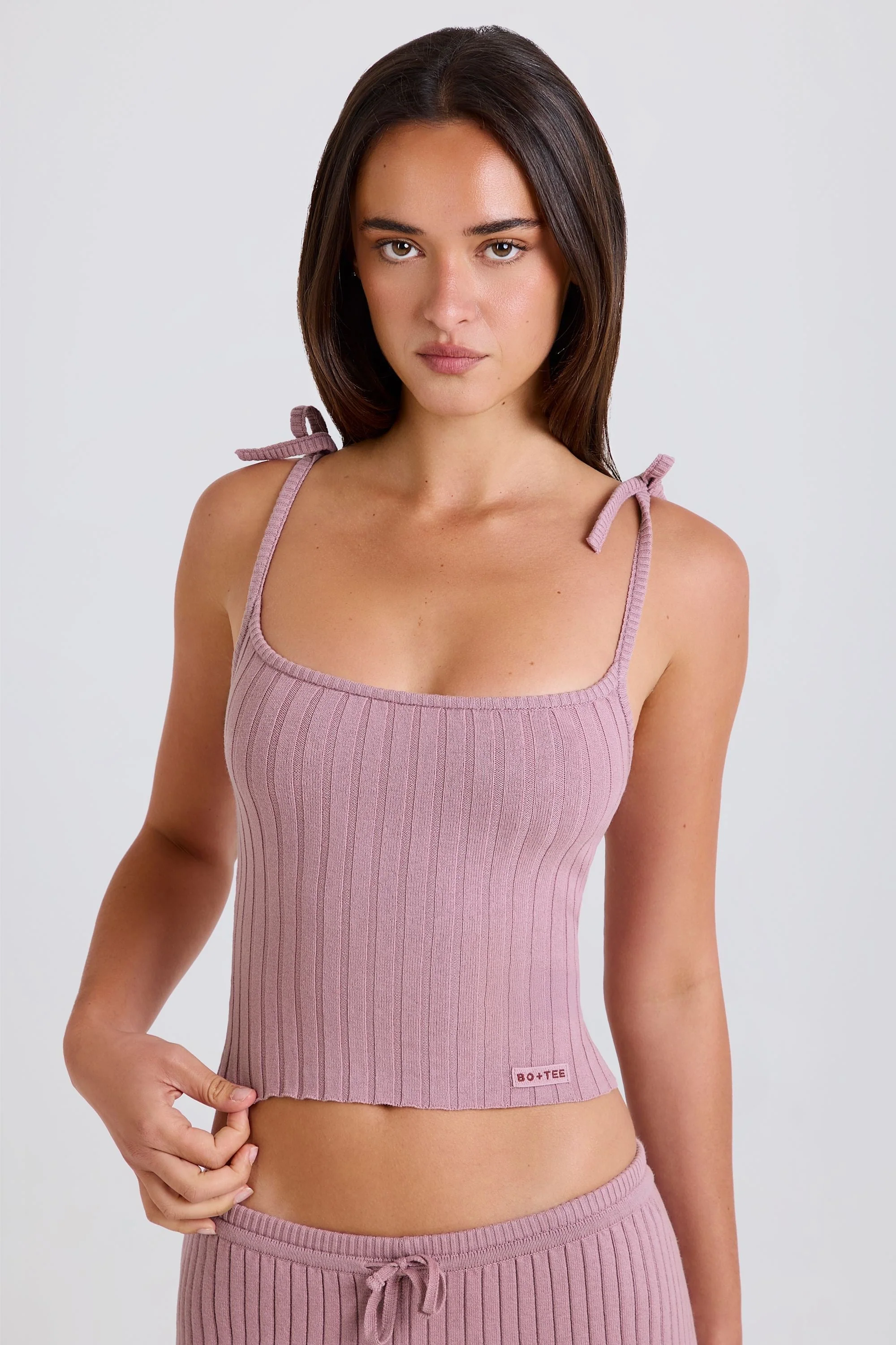 Secure Ribbed Knit Tie Tank Top in Mauve Recyclable