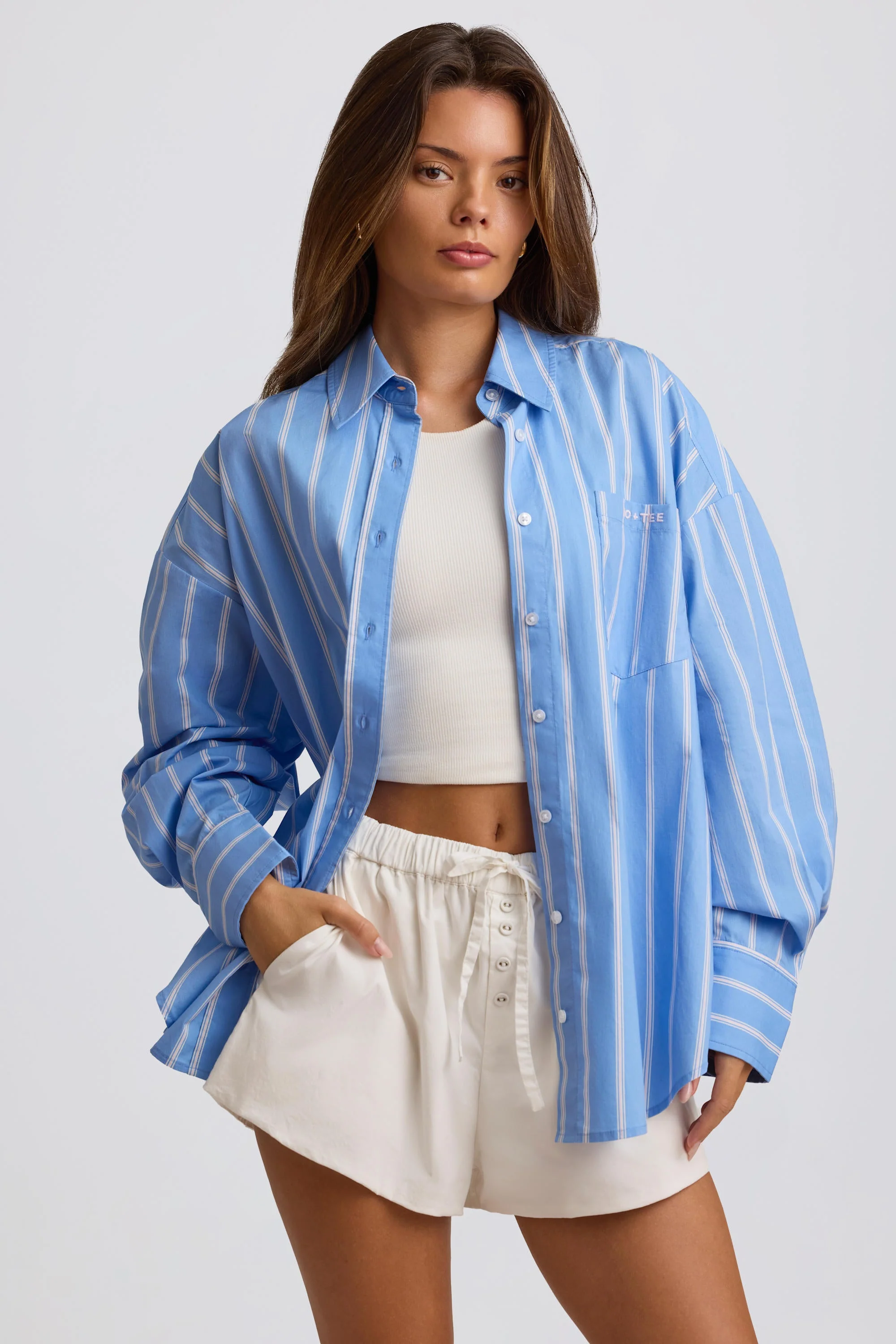 Convenient Cotton Poplin Stripe Oversized Shirt in Blue Stripe Minimalist