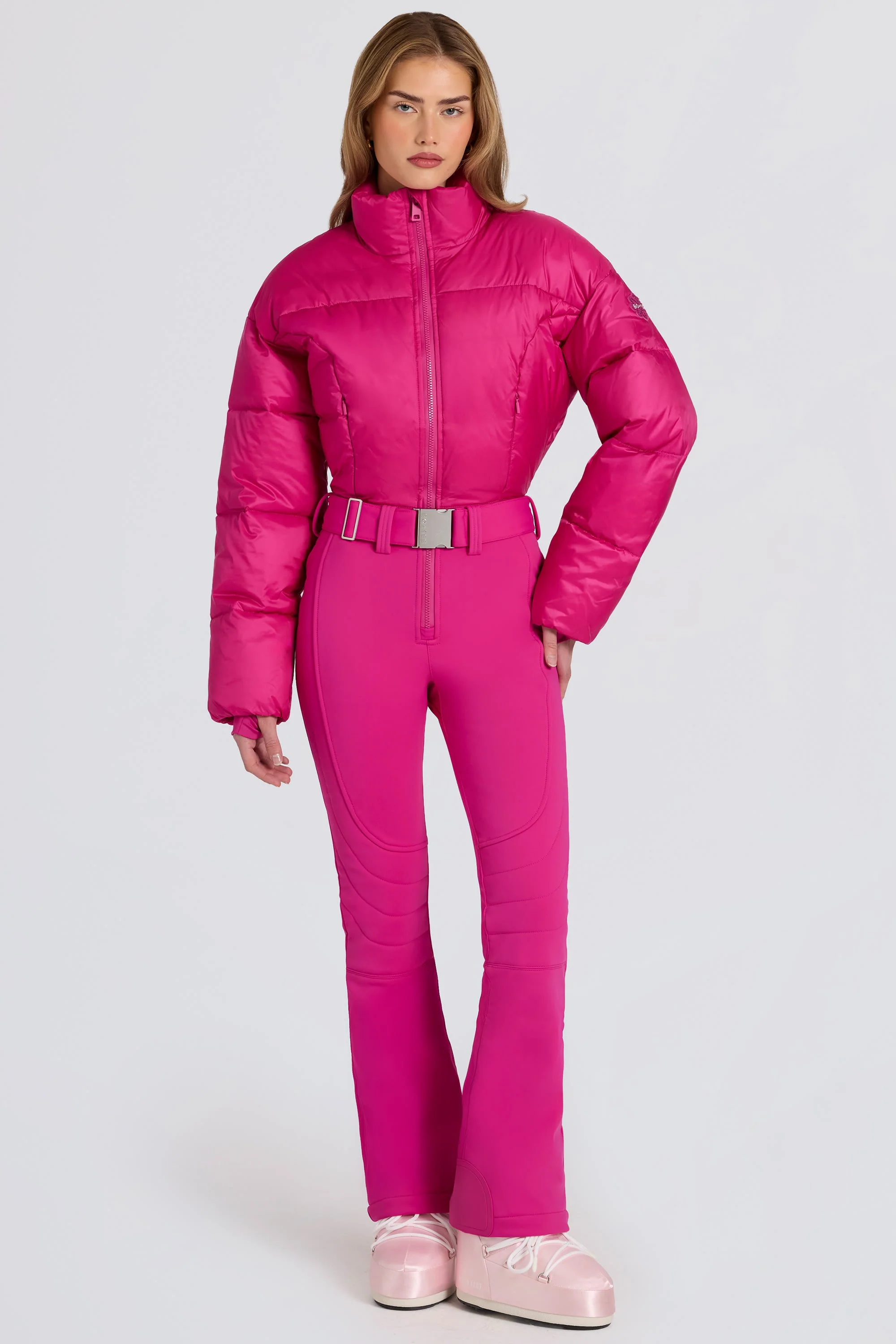 Carefully Designed Waterproof Padded Belted Ski Suit in Magenta Pink Elegant