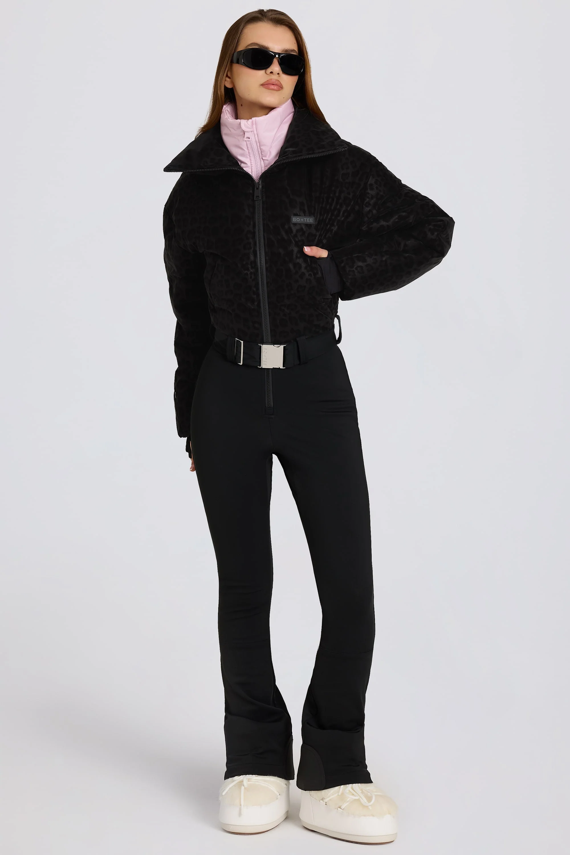 Specialty Waterproof Belted Layered Ski Suit in Black Leopard Durable