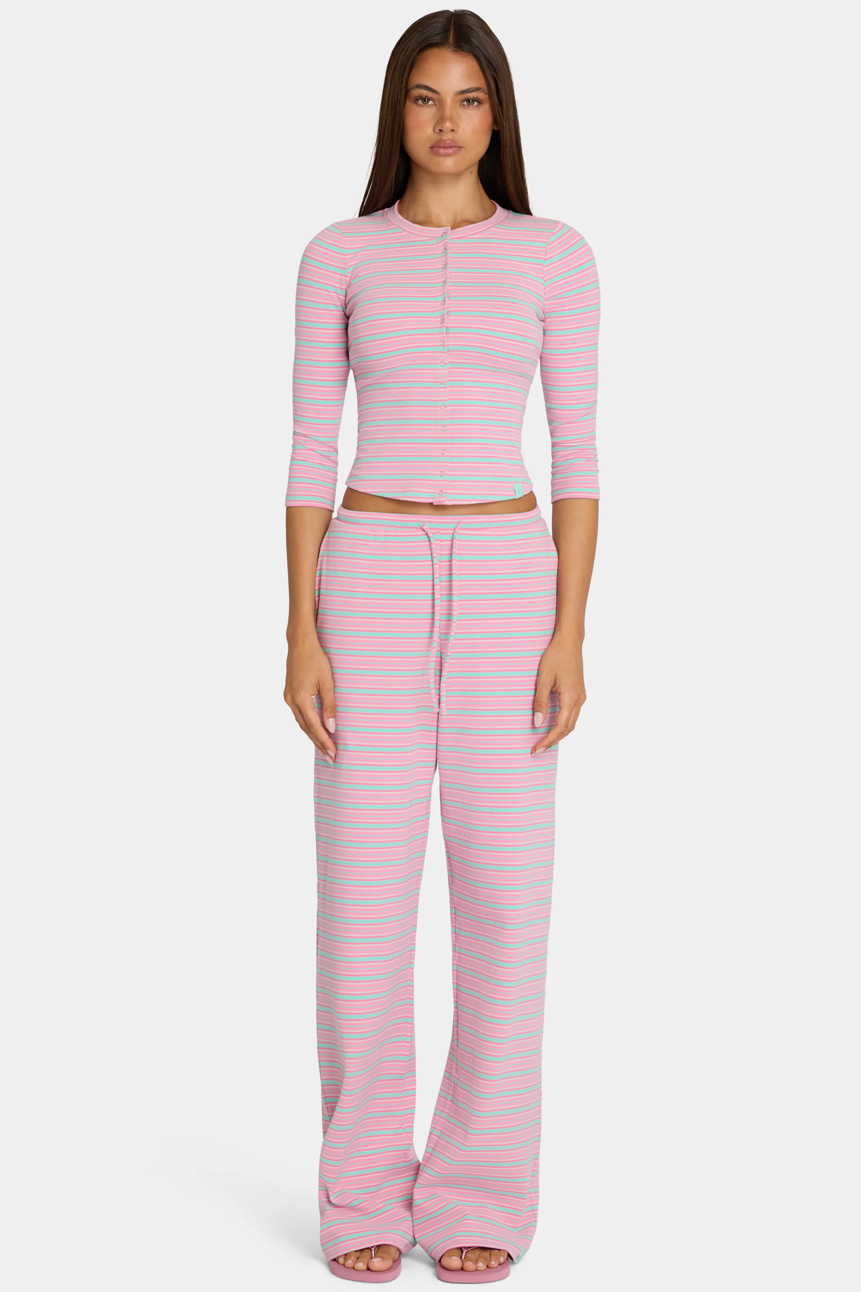 Lightweight Brushed Jersey Low-Rise Trousers in Multi Stripe High-End