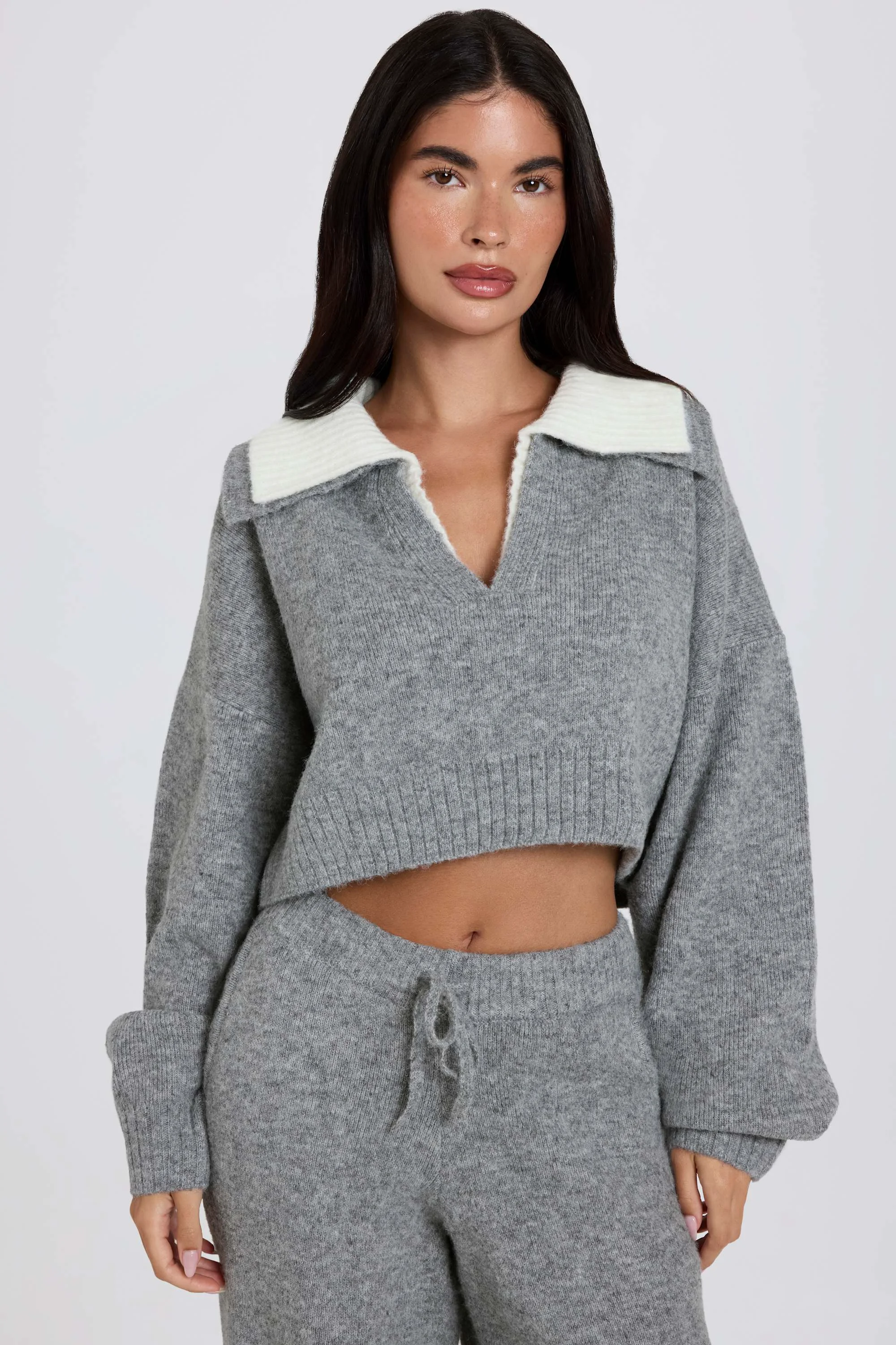 Stylish Soft Knit Layered Collar Cropped Jumper in Grey Relaxed