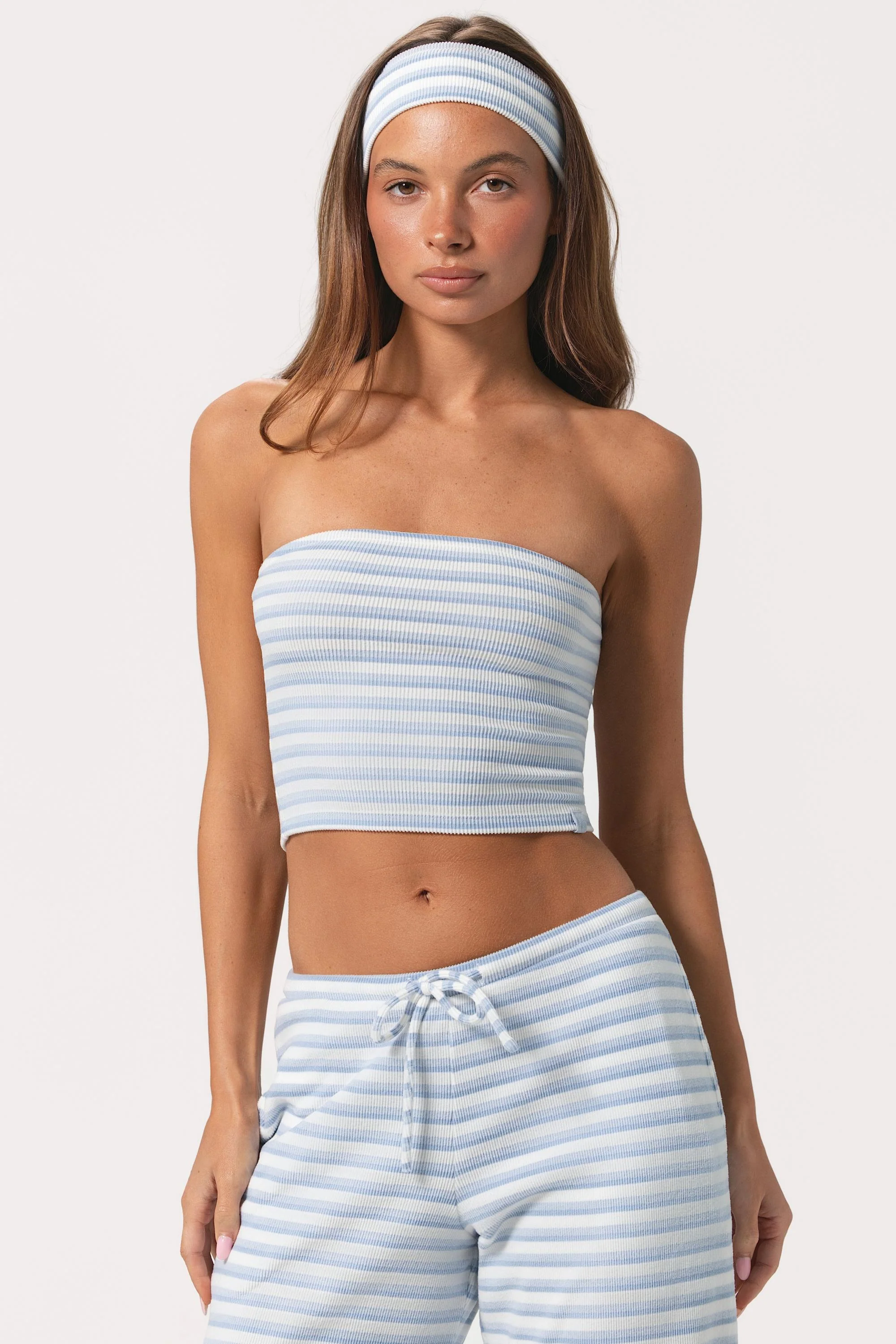 Expertly Made Ribbed Jersey Bandeau Top in Blue Stripe Clean