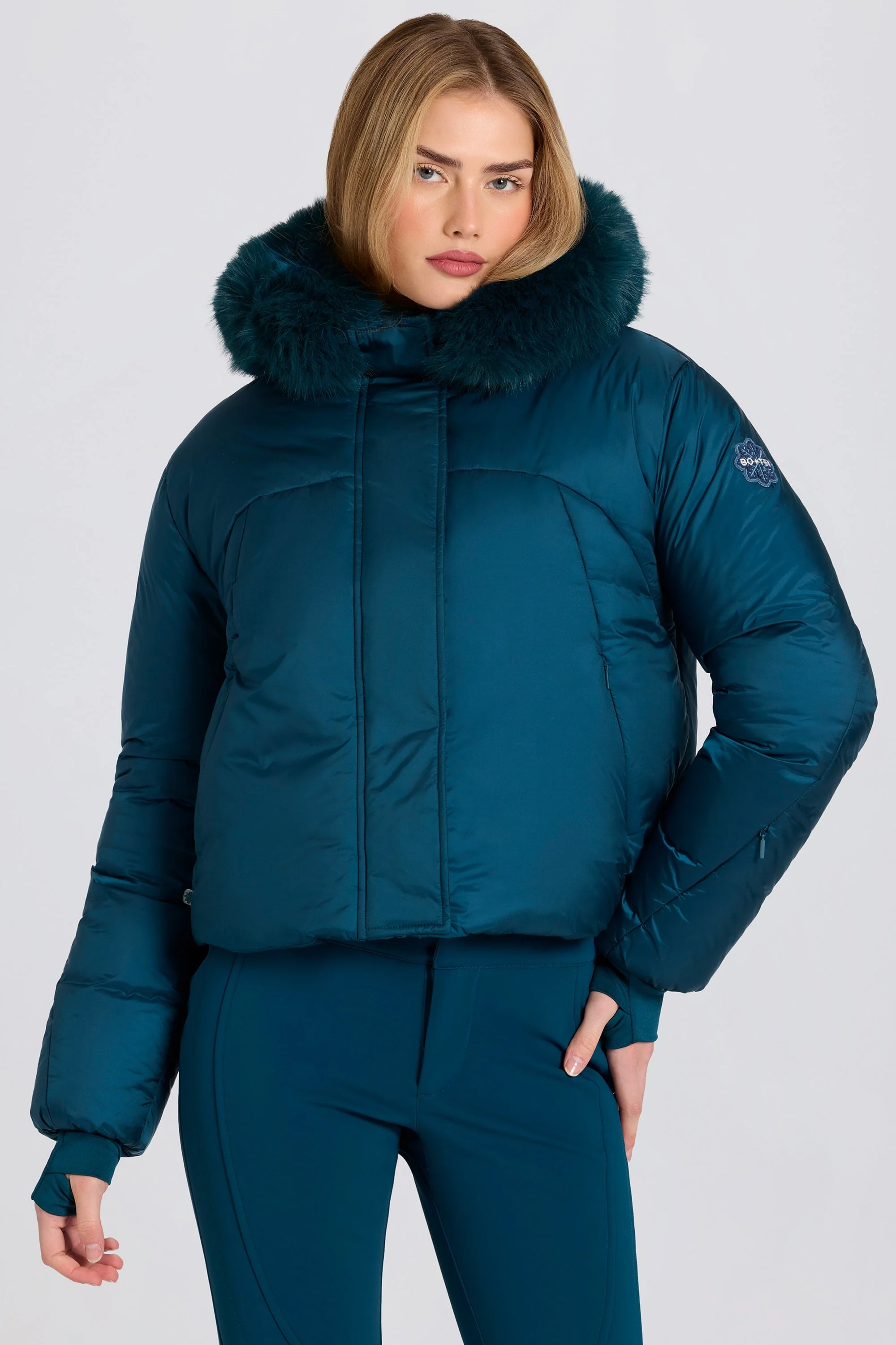 Fashionable Waterproof Faux-Fur Hood Cropped Ski Jacket in Teal Sophisticated