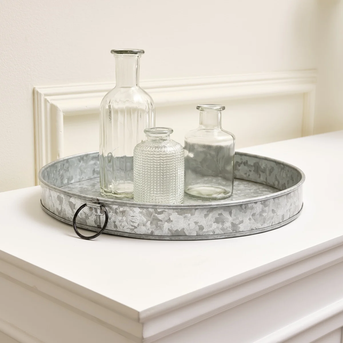 Innovative Rustic Galvanised Steel Silver Round Display Tray Organic
