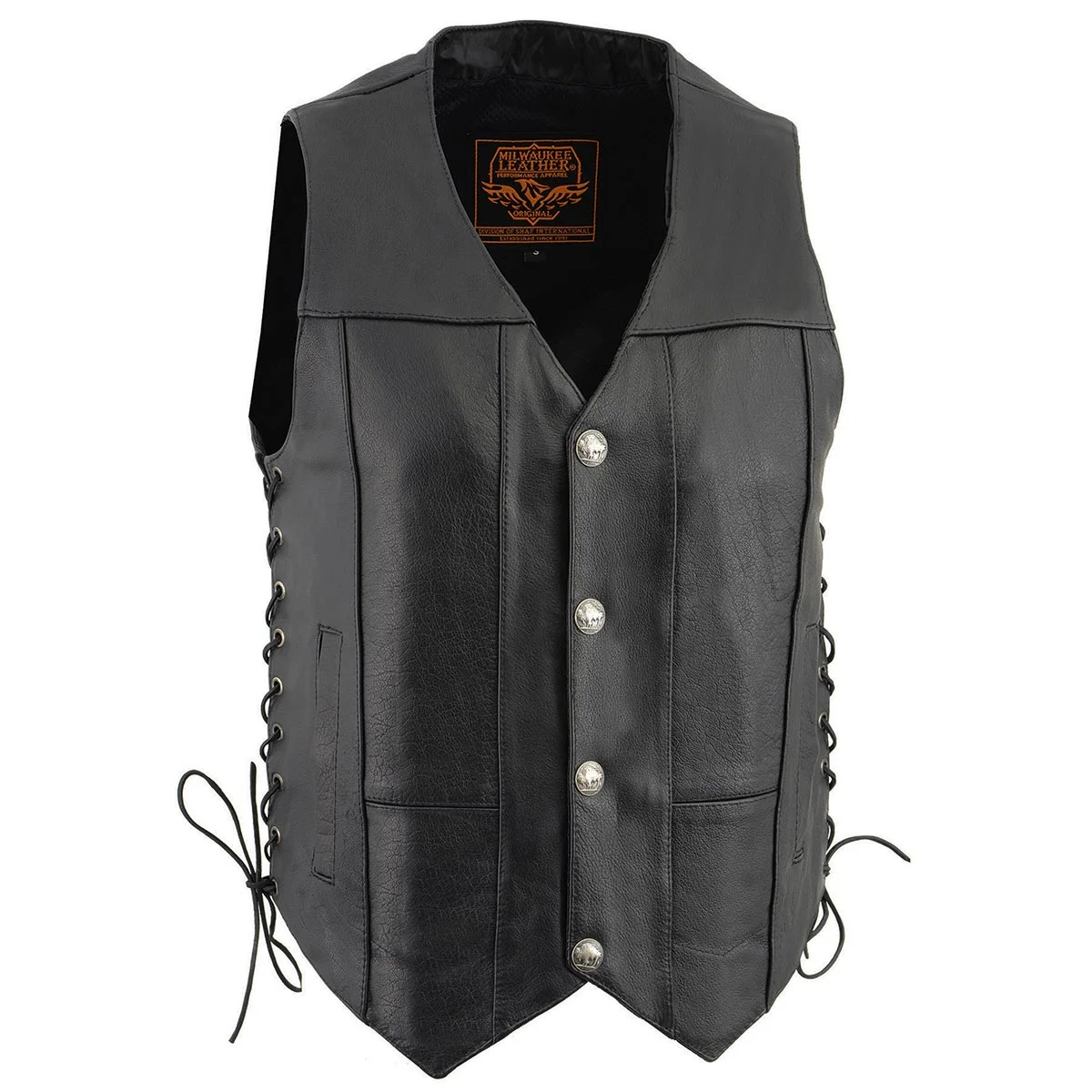 Natural Milwaukee Leather LKM3701 Men's Black Leather Classic V-Neck Motorcycle Rider Vest w Buffalo Snaps and Side Laces Fine Crafted