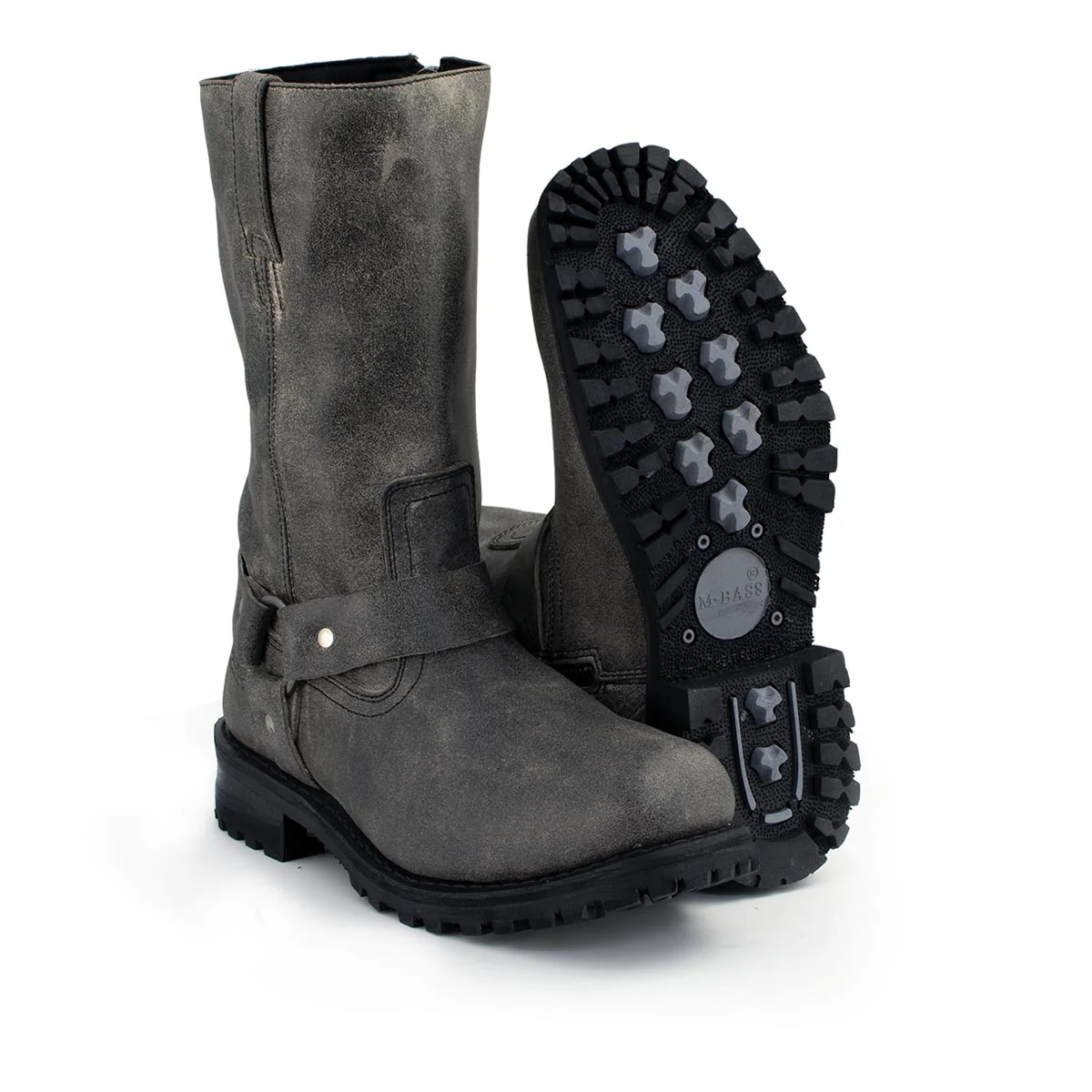 Official M-Boss Apparel BOS49001 Men's Classic 12-inch Distress Grey Harness Leather Motorcycle Boots Elite
