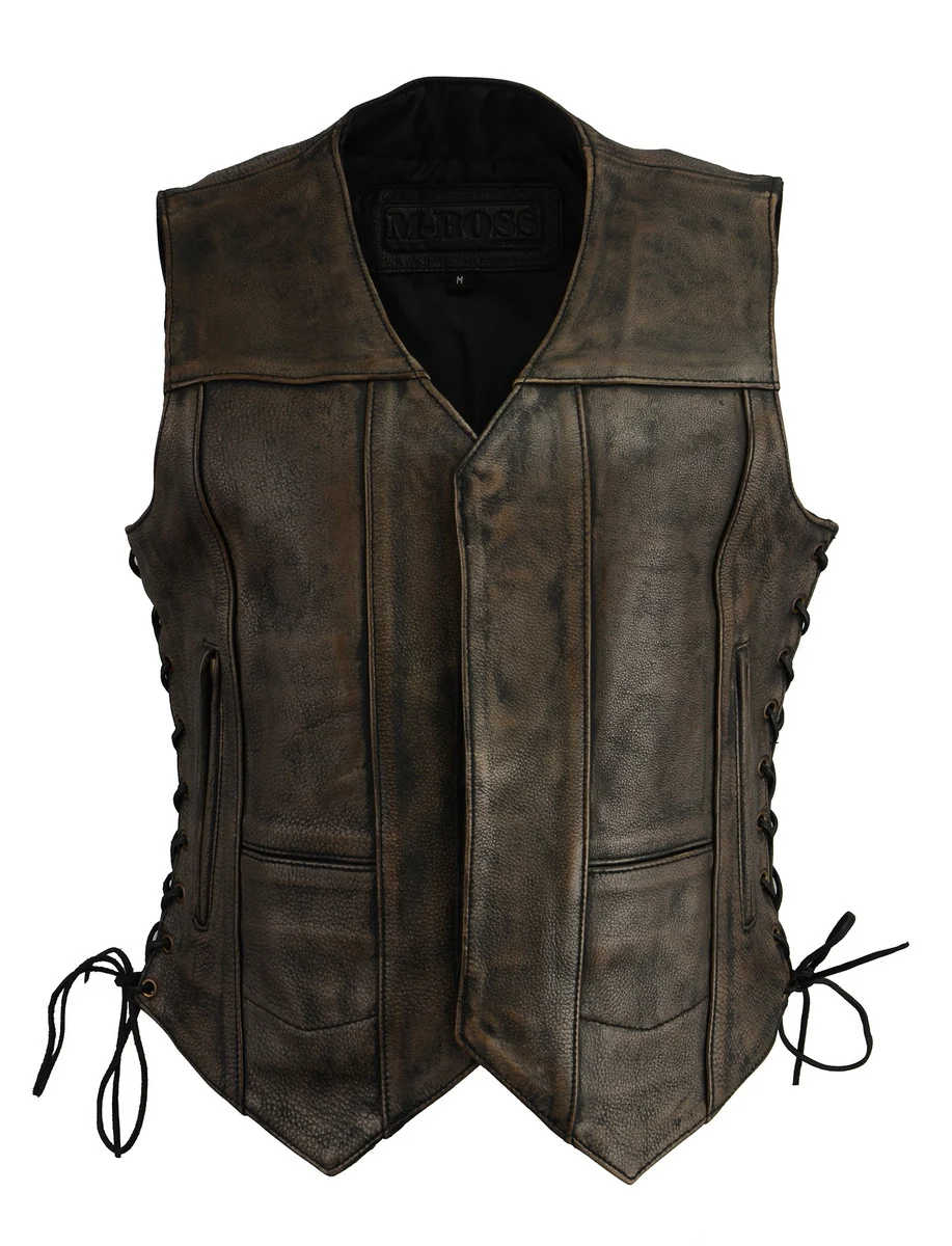 World-Class M Boss Motorcycle Apparel BOS24500 Women's Distressed Brown Leather 6 Pocket Motorcycle Biker Rider Vest Lightweight