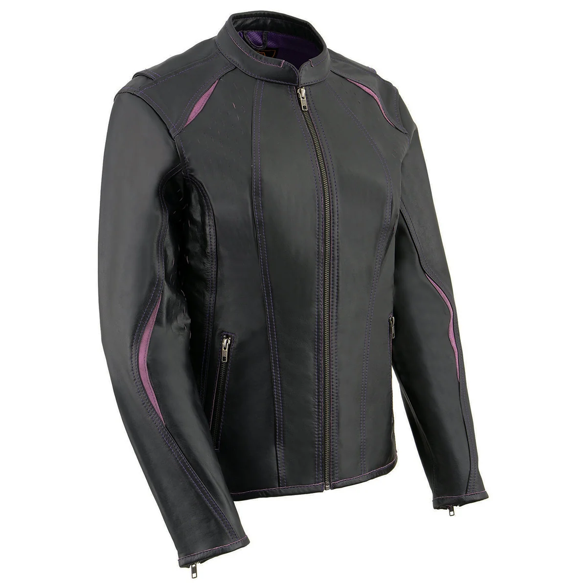 Comfortable Milwaukee Leather MLL2502 Women's 'Laser Cut' Distressed Black and Purple Scuba Style Racer Jacket Detailed