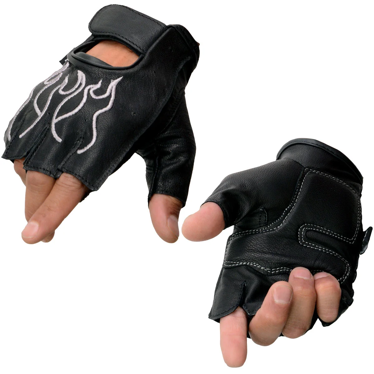 Healthy Milwaukee Leather SH198 Men's Black-Grey Gel Palm Fingerless Motorcycle Gloves with Grey Flame Embroidery Exclusive