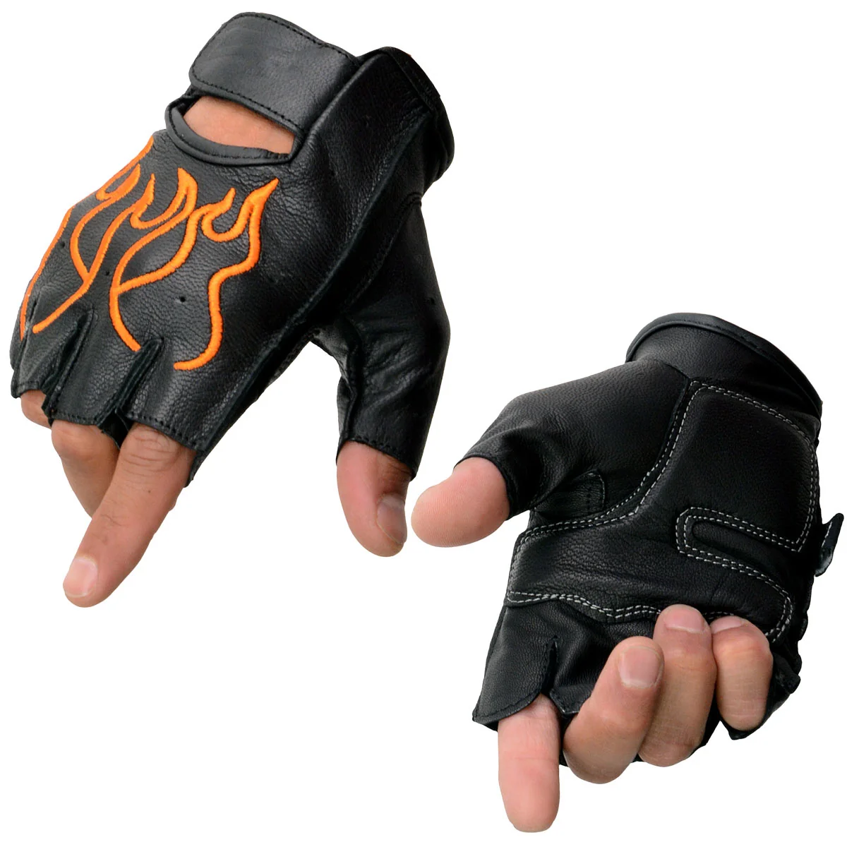 Casual Milwaukee Leather SH198 Men's Black-Orange Gel Palm Fingerless Motorcycle Gloves with Orange Flame Embroidery Certified