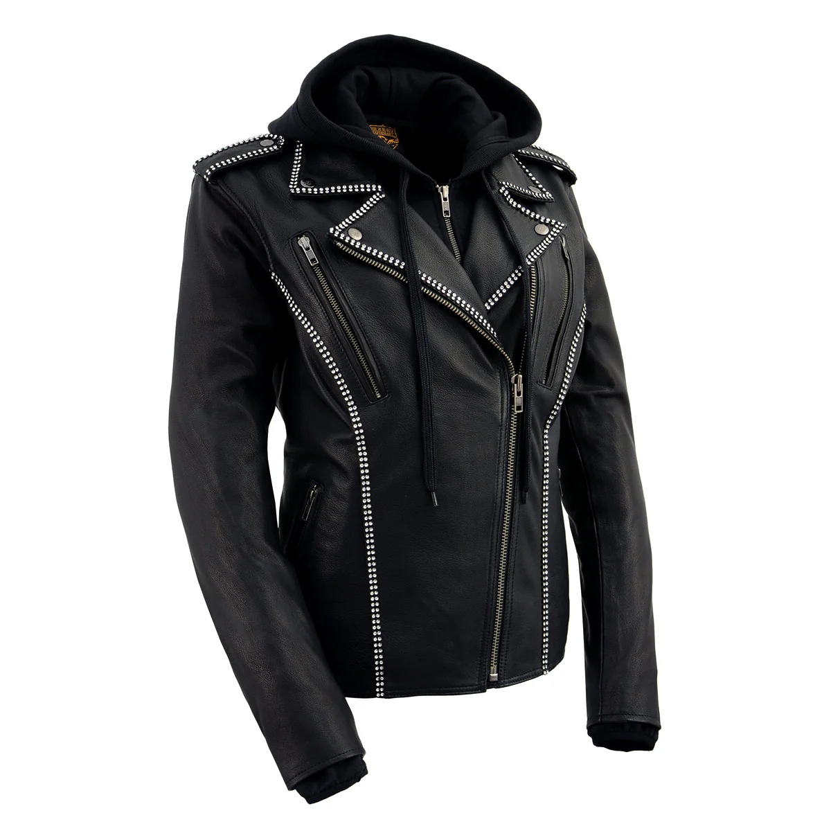 Healthy Milwaukee Leather MLL2503 Women's Black 'Bedazzled' Leather Moto Jacket with Hoodie Solid