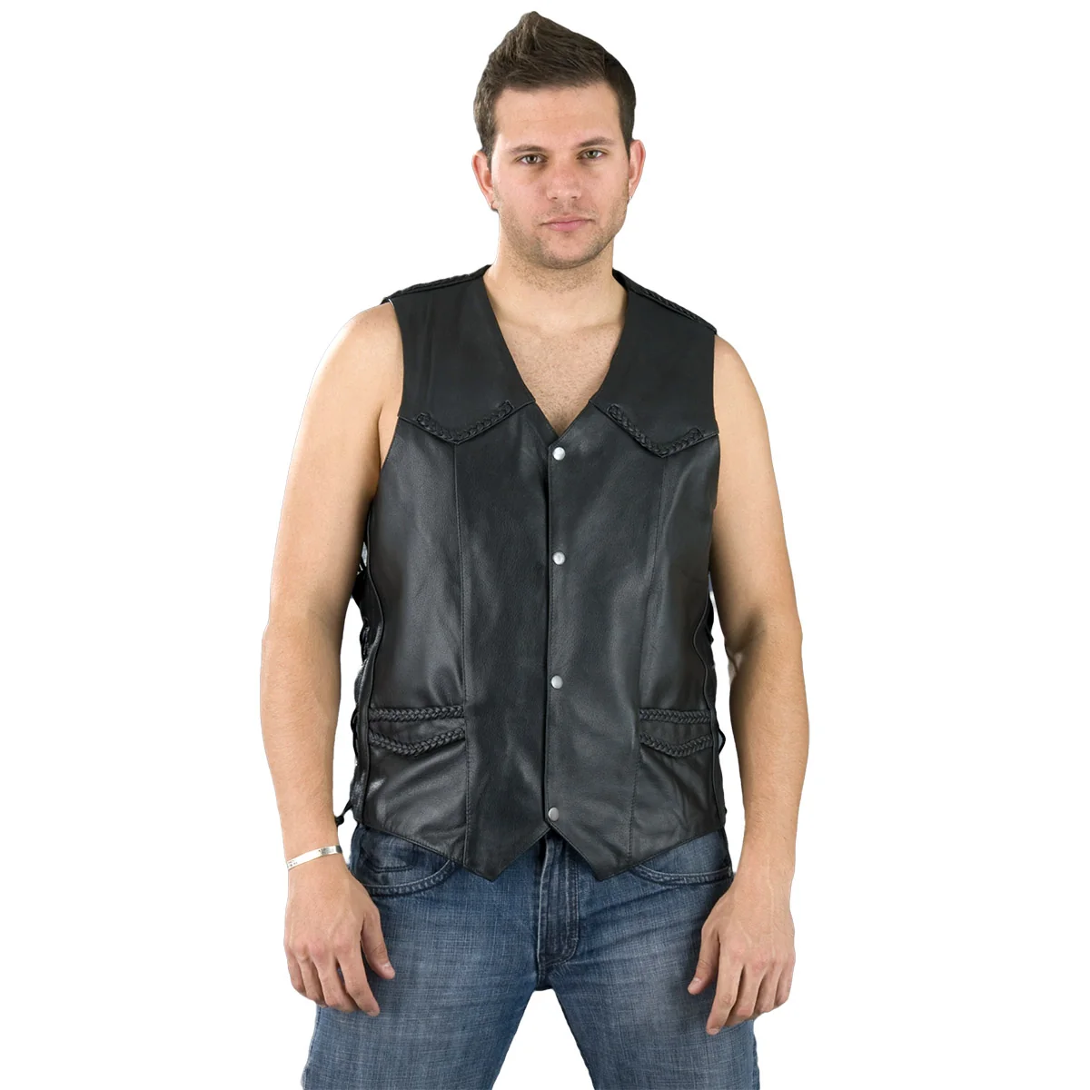 Luxury Milwaukee Leather SH1314TALL Men's Classic Black Braided Leather Vest with Side Laces Powerful