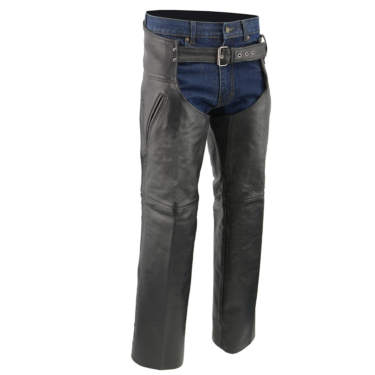 Superior Men's XS301 Black Deep Pocket Premium Leather Motorcycle Chaps Green