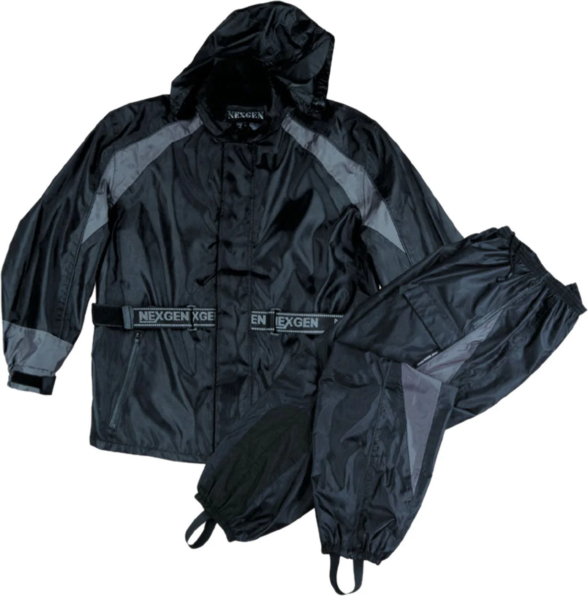 Recyclable NexGen Ladies SH205001 Black and Grey Armored Hooded Water Proof Rain Suit Detailed