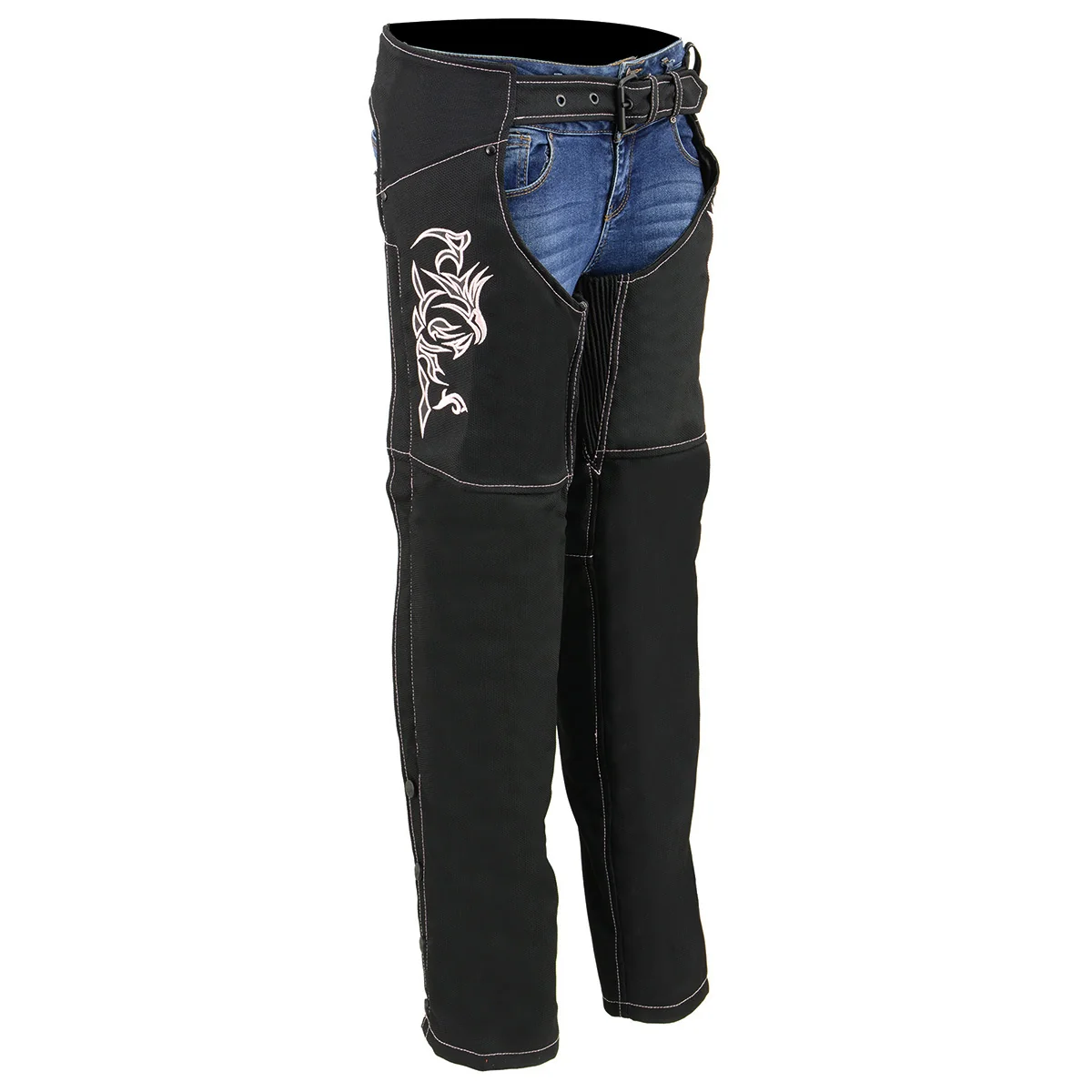 Pure Milwaukee Leather SH1182 Women's Black with Pink Textile Motorcycle Riding Chaps with Tribal Embroidery Exceptional