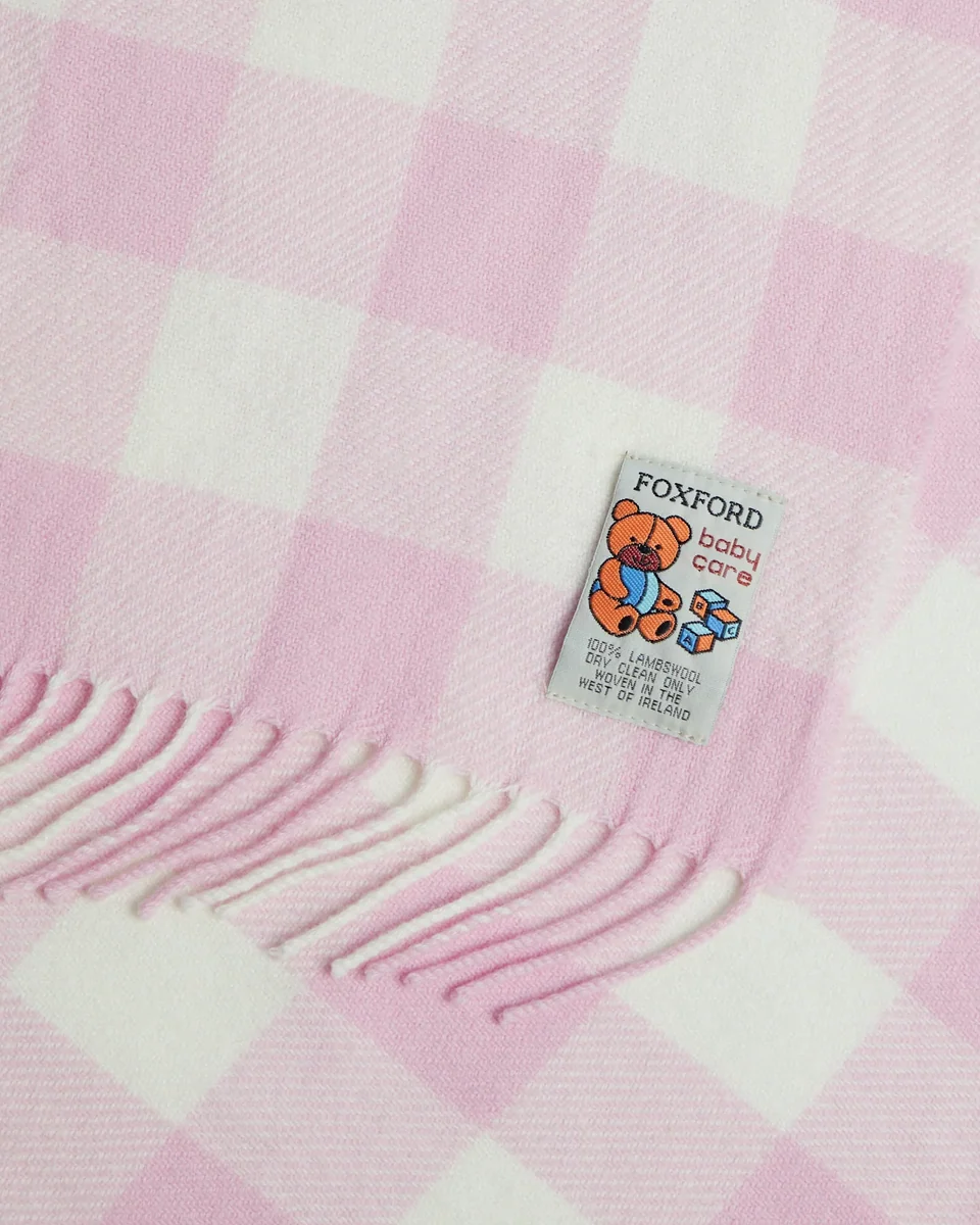 Proven Foxford Pink Check Lambswool Baby Blanket Enhanced