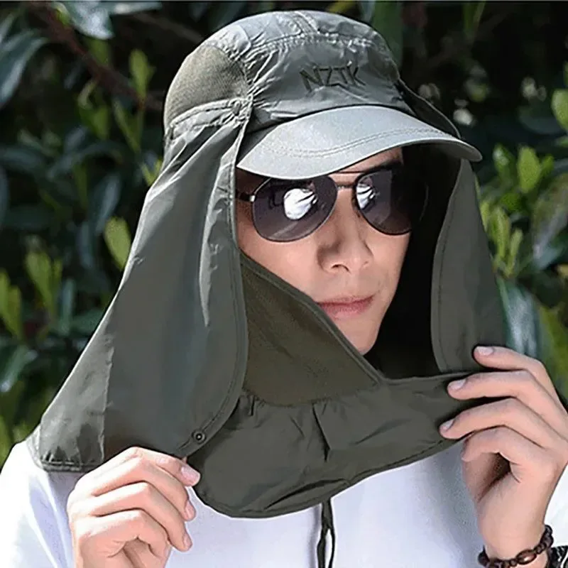 Secure Fishing Flap Cap for Men and Women - Quick Dry Sunshade UV Protection with Removable Ear and Neck Cover Mosquito-Proof Hat for Outdoor Activities Convenient
