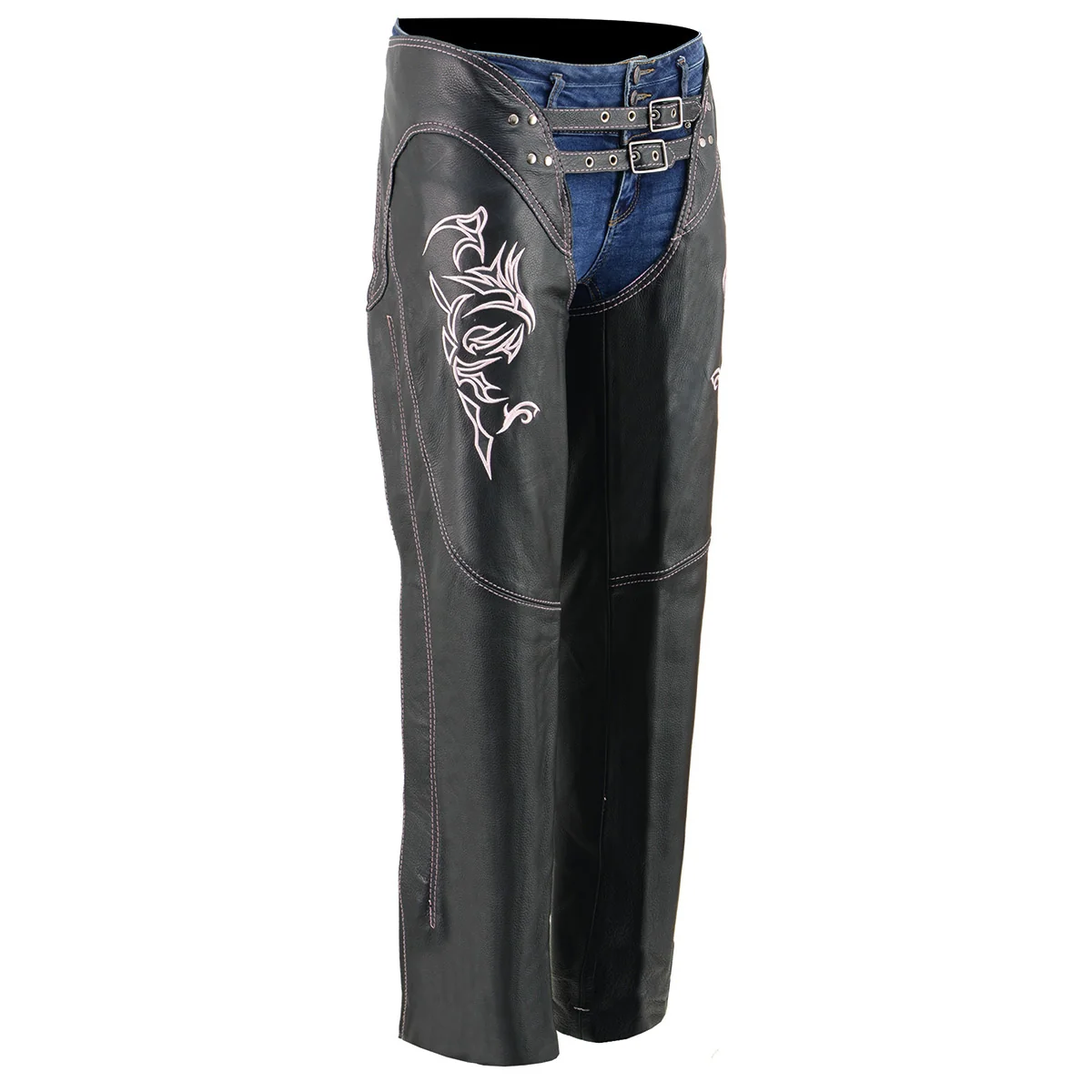 Eco-Friendly Milwaukee Leather Chaps for Women Black and Pink Low-Rise Waist- Double Buckle Reflective Embroidery Motorcycle Chap- ML1187 Professional