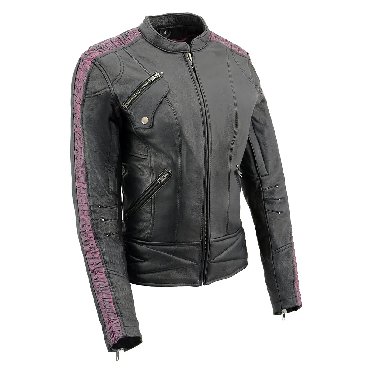 Reliable Milwaukee Leather MLL2571 Ladies Black and Purple 'Crinkled Arm' Lightweight Racer Jacket Dependable