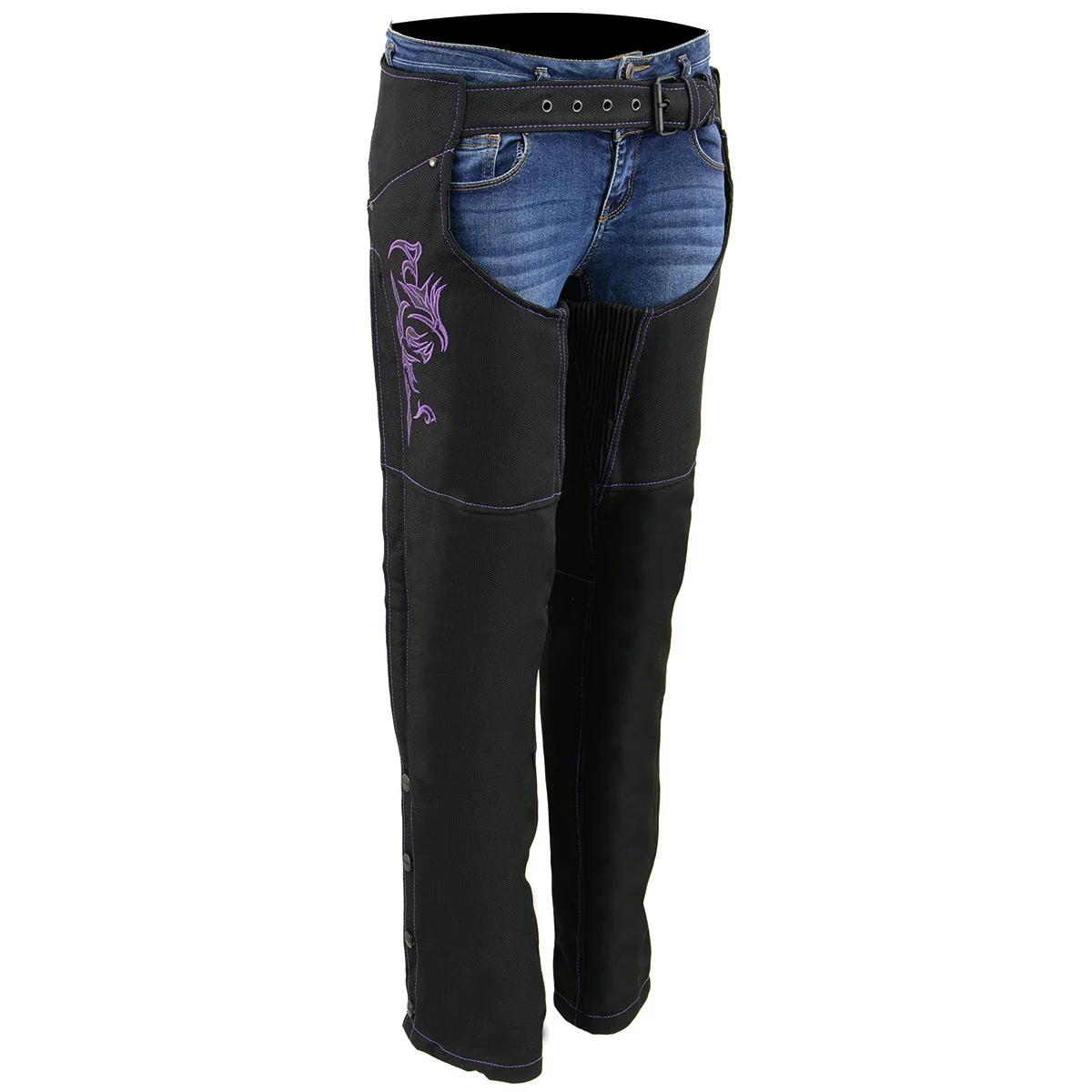 Consistent Milwaukee Leather SH1182 Women's Black with Purple Textile Motorcycle Riding Chaps with Tribal Embroidery Contemporary
